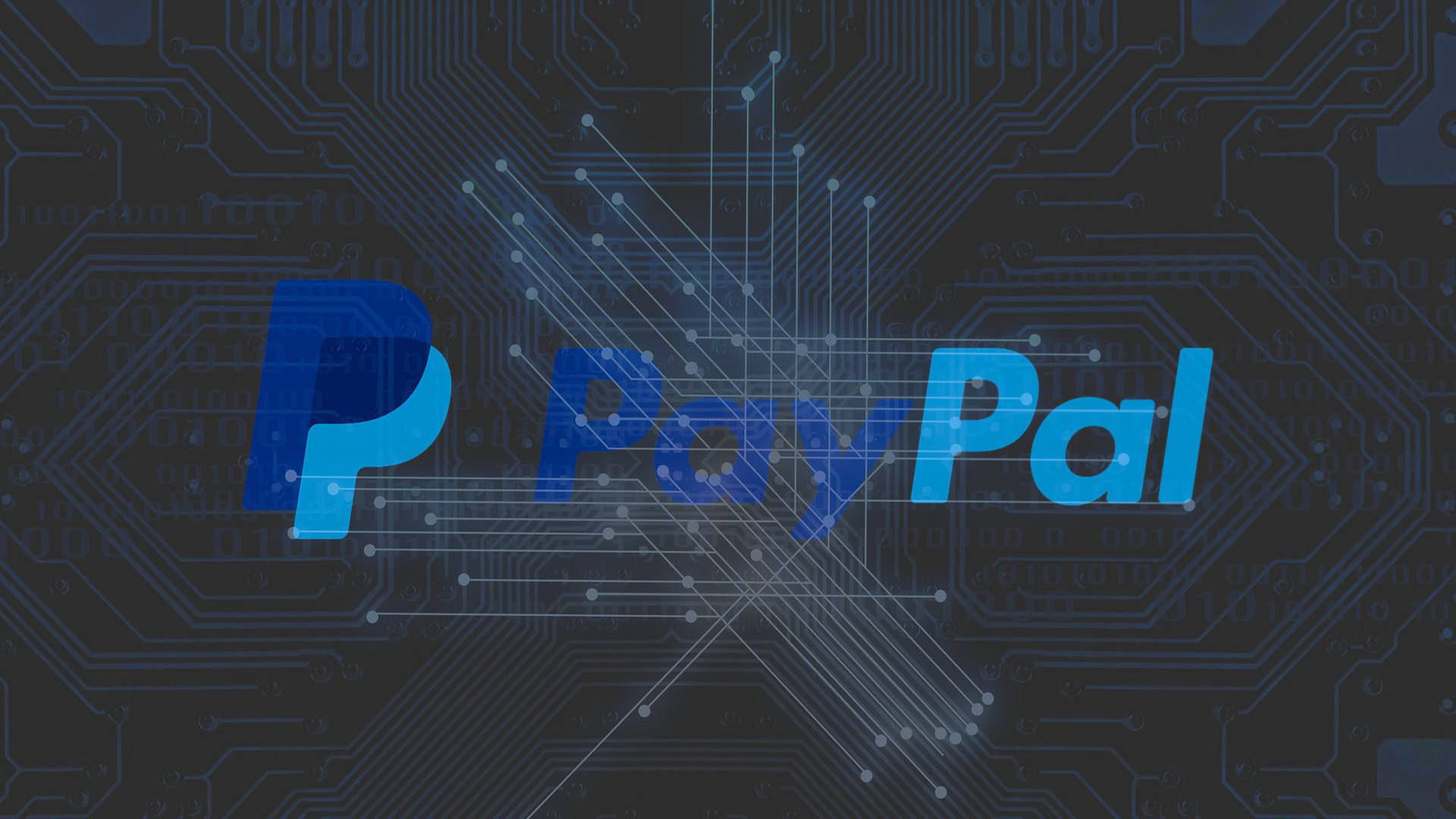 PayPal 桌布 壁紙 — PayPal 標誌在深色電路板背景上發出藍色光芒，並帶有發光的數位連接。
