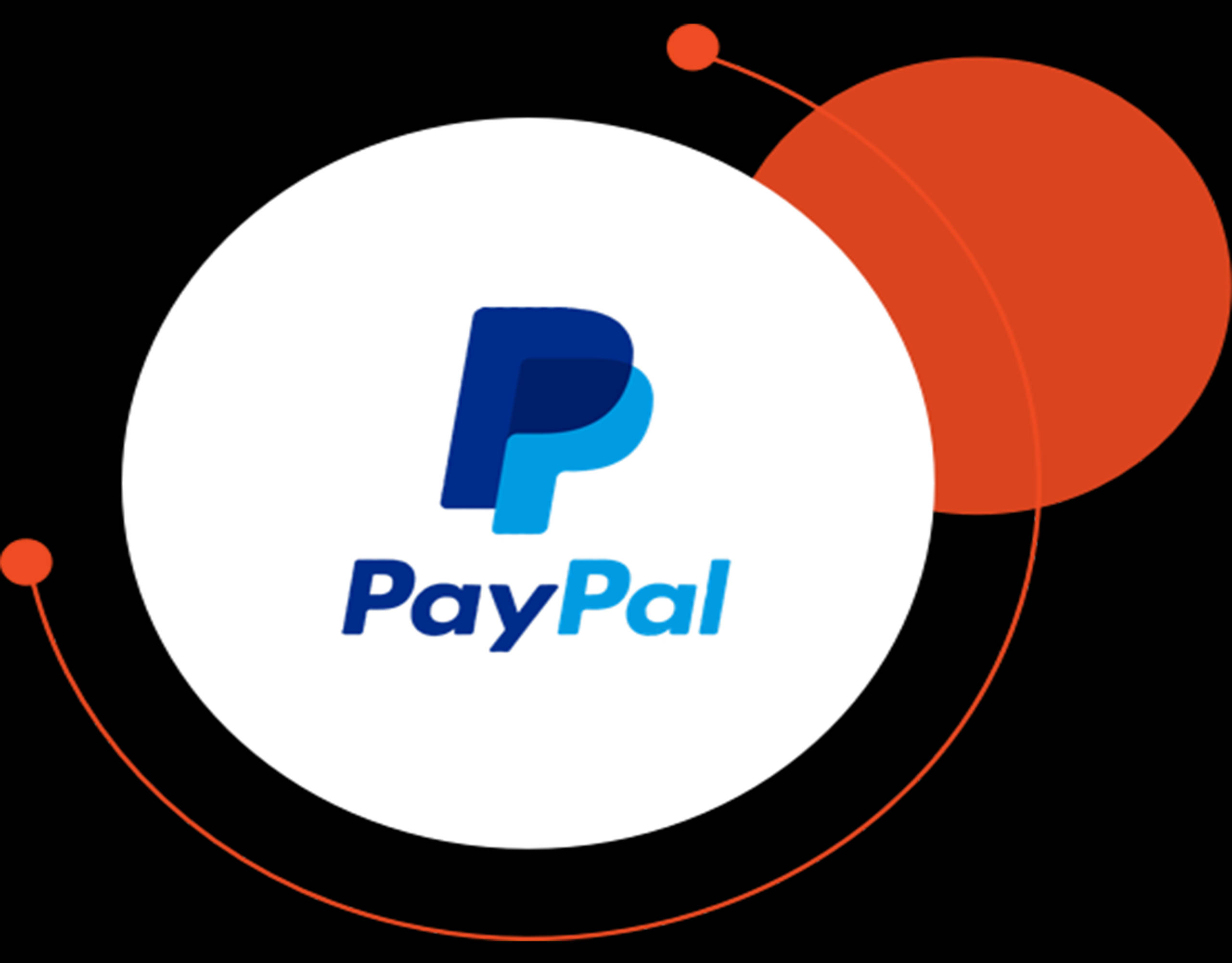 PayPal 桌布 壁紙 — PayPal 標誌居中於白色圓圈內，帶有橙色抽象形狀，背景為黑色。