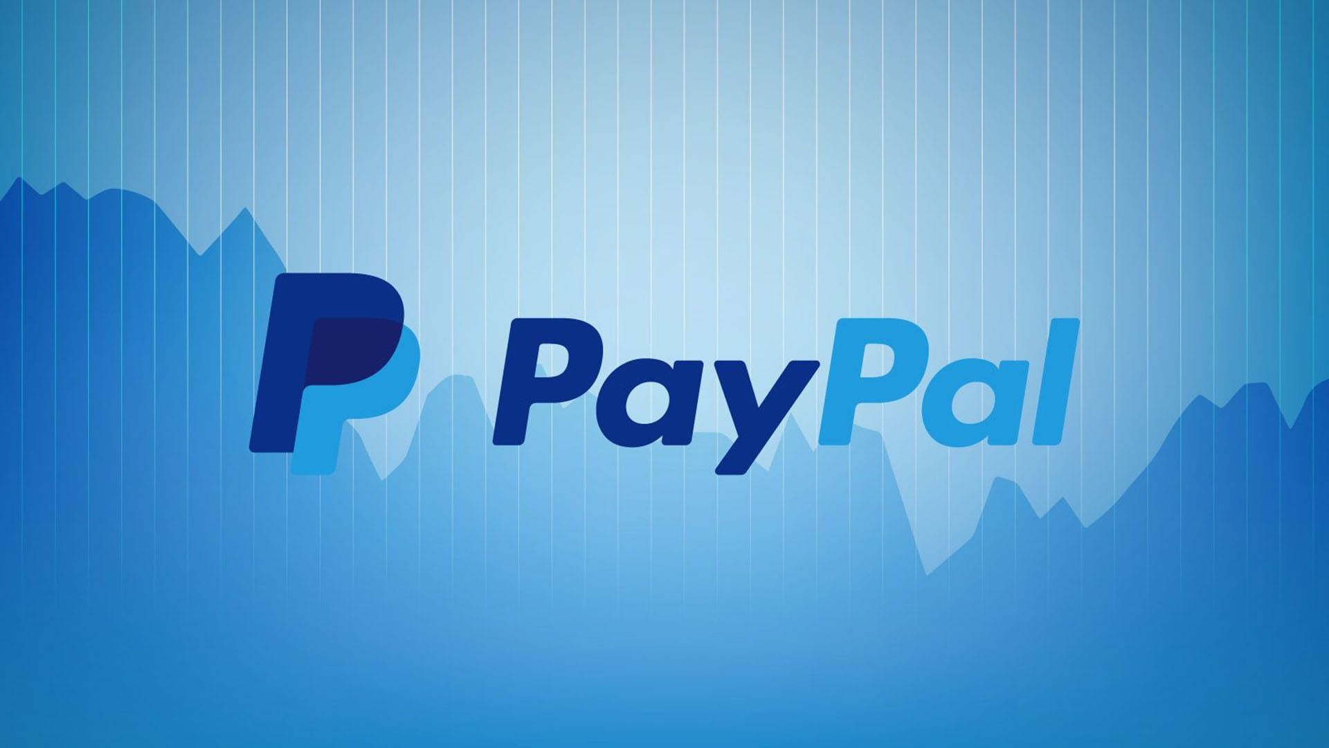 PayPal 桌布 壁紙 — PayPal 標誌居中於藍色漸變背景上，帶有微妙的垂直線條和抽象波浪圖案。