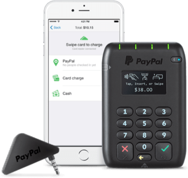 PayPal 桌布 壁紙 — PayPal 行動付款設定，顯示一部智慧型手機帶有信用卡收費螢幕，以及一個黑色手持讀卡機顯示 $38.00。