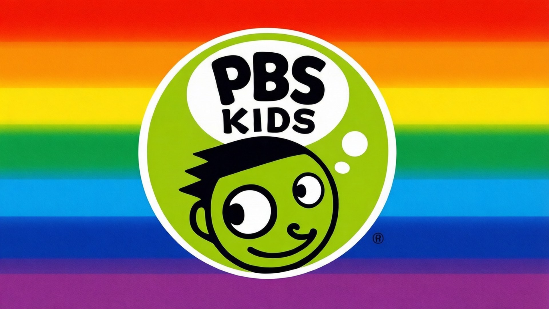 Rainbow Logo 壁紙 — 一個開心的綠色卡通小孩，黑髮大眼，在白色圓圈內微笑，背景是鮮豔的彩虹條紋，並有「PBS KIDS」文字。