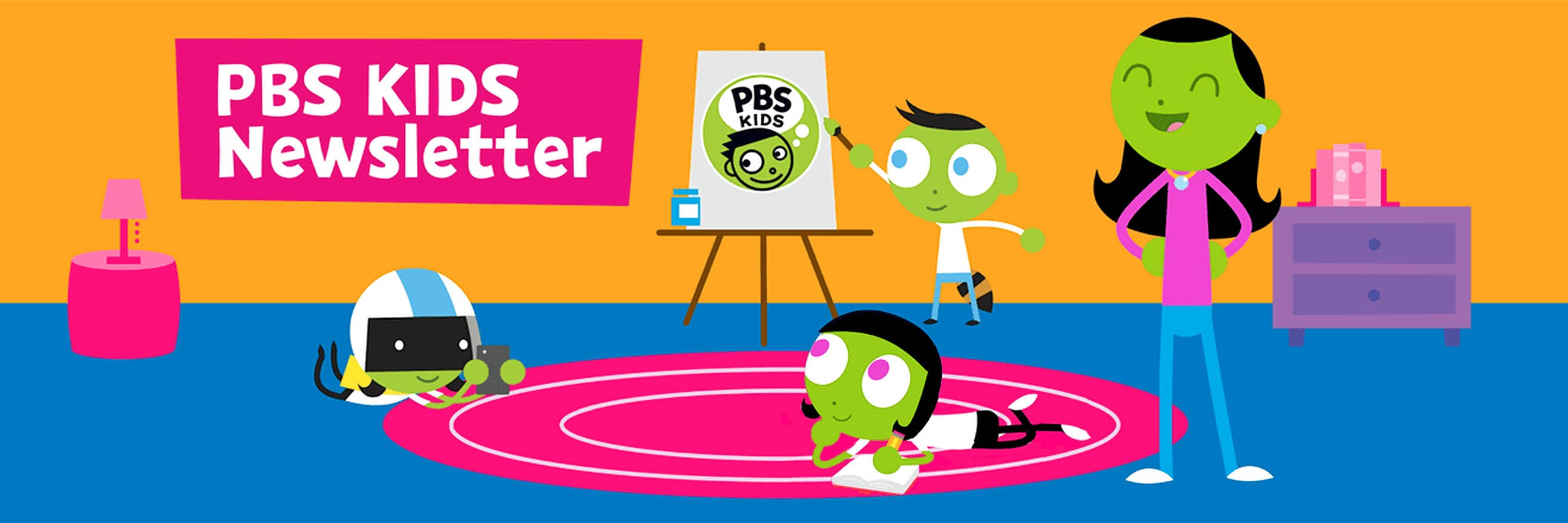 Pbs 桌布 壁紙 — PBS Kids 角色在色彩繽紛的卡通房間裡，其中一個正在畫架上畫 PBS Kids 標誌。