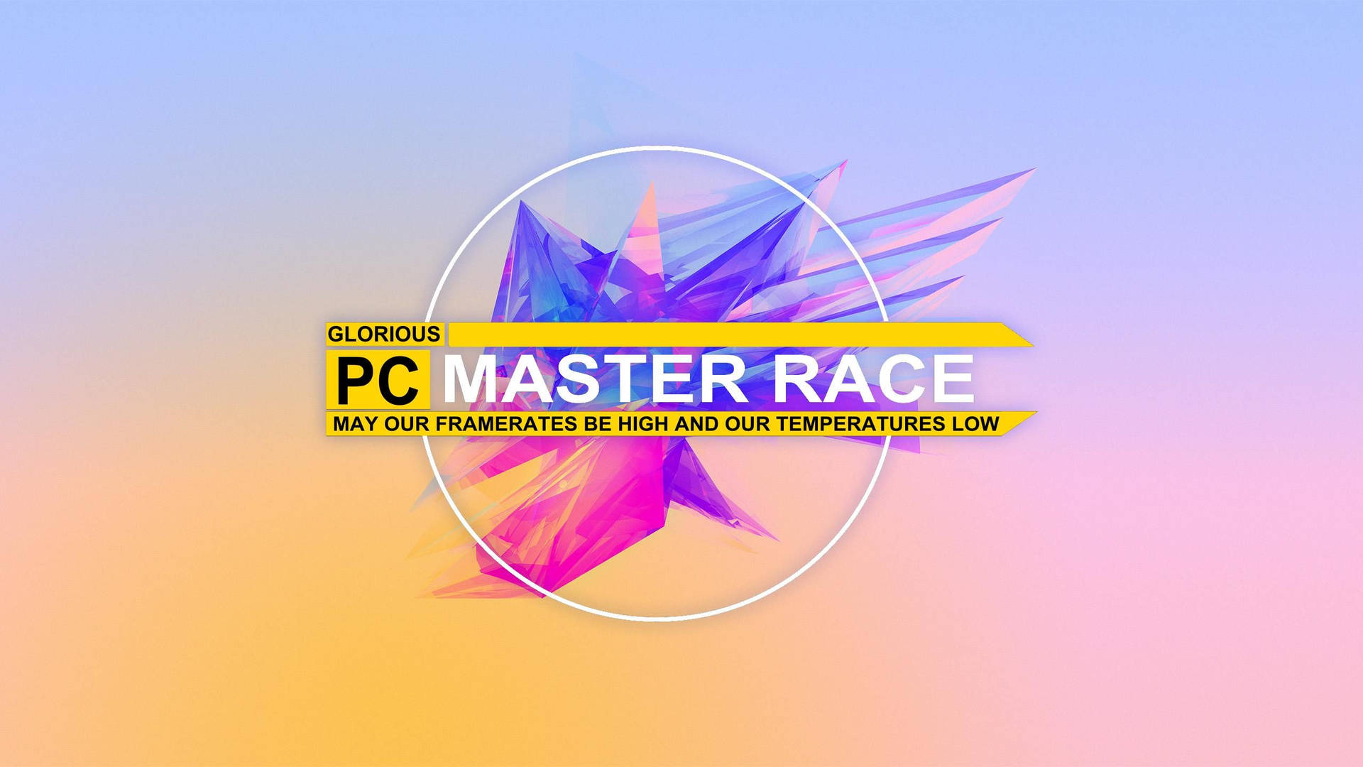 遊戲口號 PC Master Race 搭配色彩繽紛的幾何星爆圖案，置於漸變背景上。 — Meme 壁紙