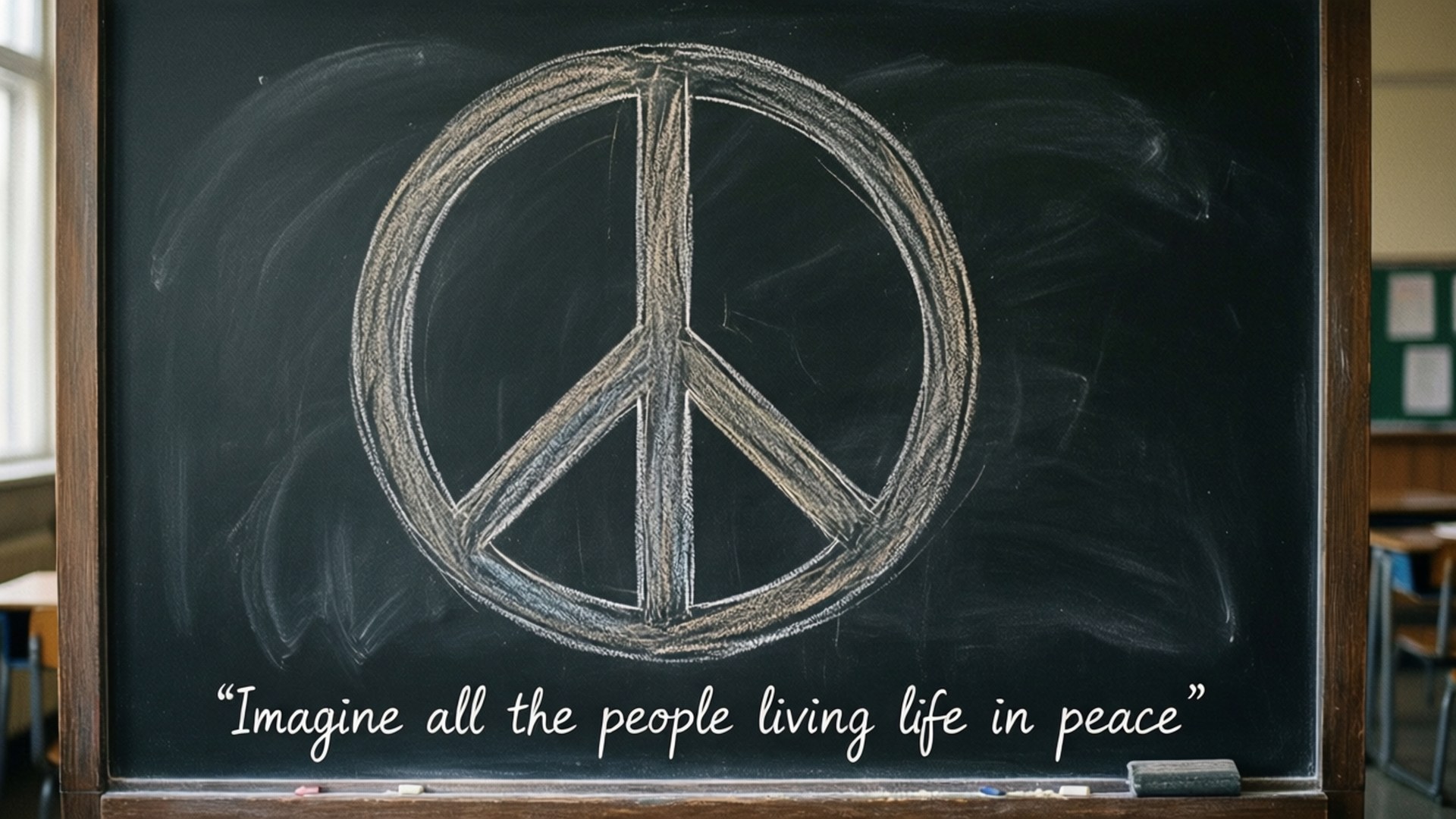 Chalkboard Peace Quote 壁紙 — 在教室的黑板上用粉筆畫了一個和平符號，下面寫著「想像所有人和諧地生活」的引文。