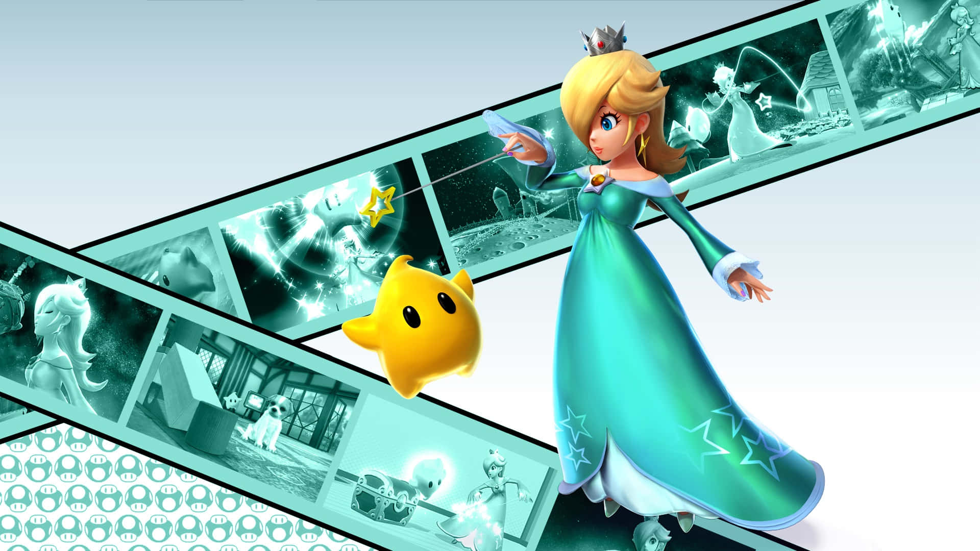 Princess Rosalina 桌布 壁紙 — Peach公主身穿青綠色長裙，站在一顆黃色星星旁邊，周圍是顯示遊戲場景的電影膠片條。