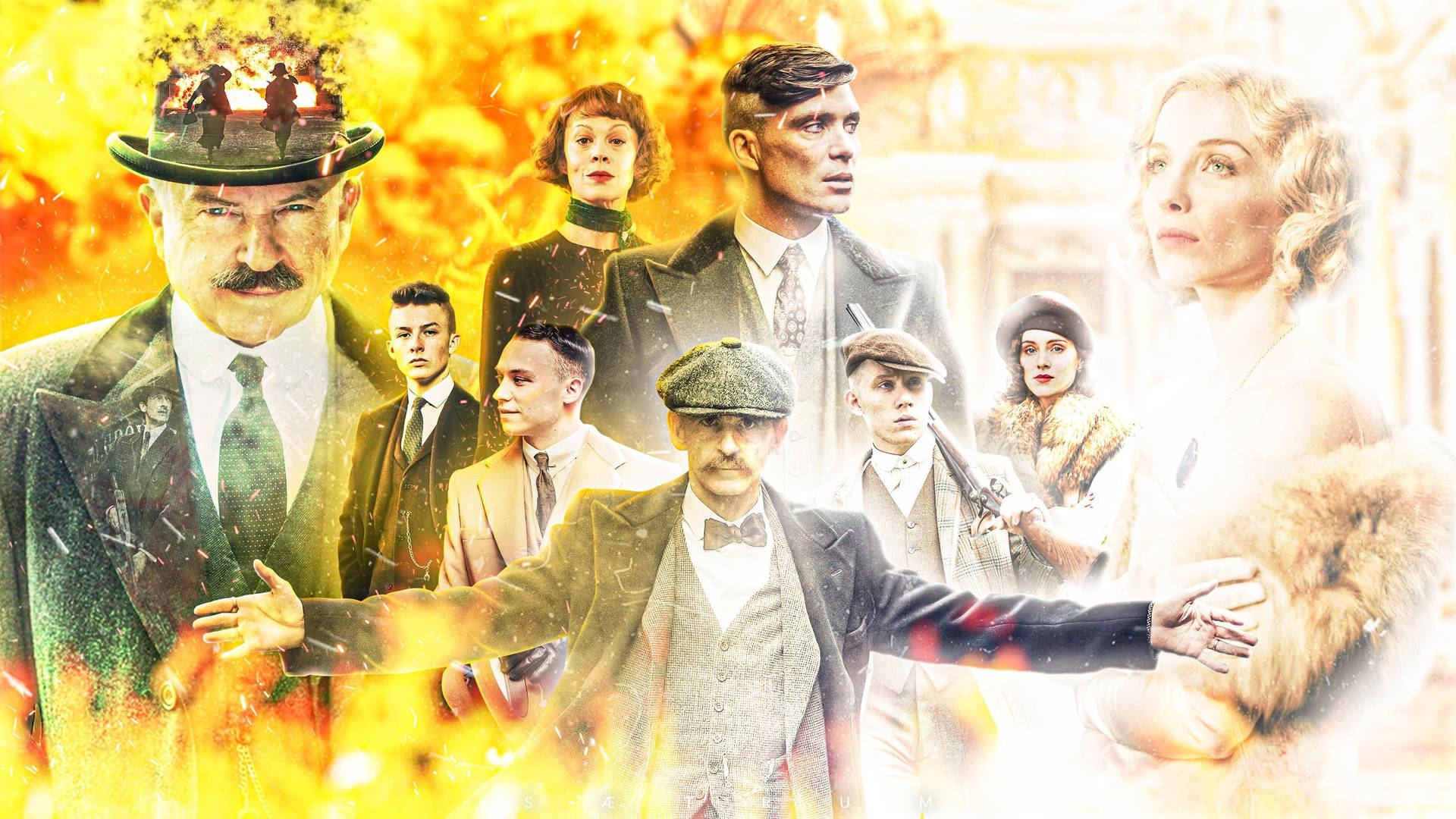 Peaky Blinders 角色穿著復古西裝，背景為火熱的金色。 — Peaky Blinders 壁紙