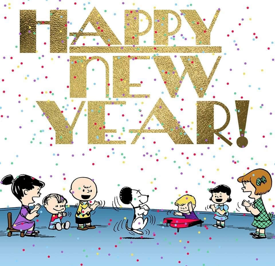 查理布朗 動圖 桌布 壁紙 — Peanuts 角色在閃爍金色文字下以五彩紙屑和歡樂表情慶祝新年。