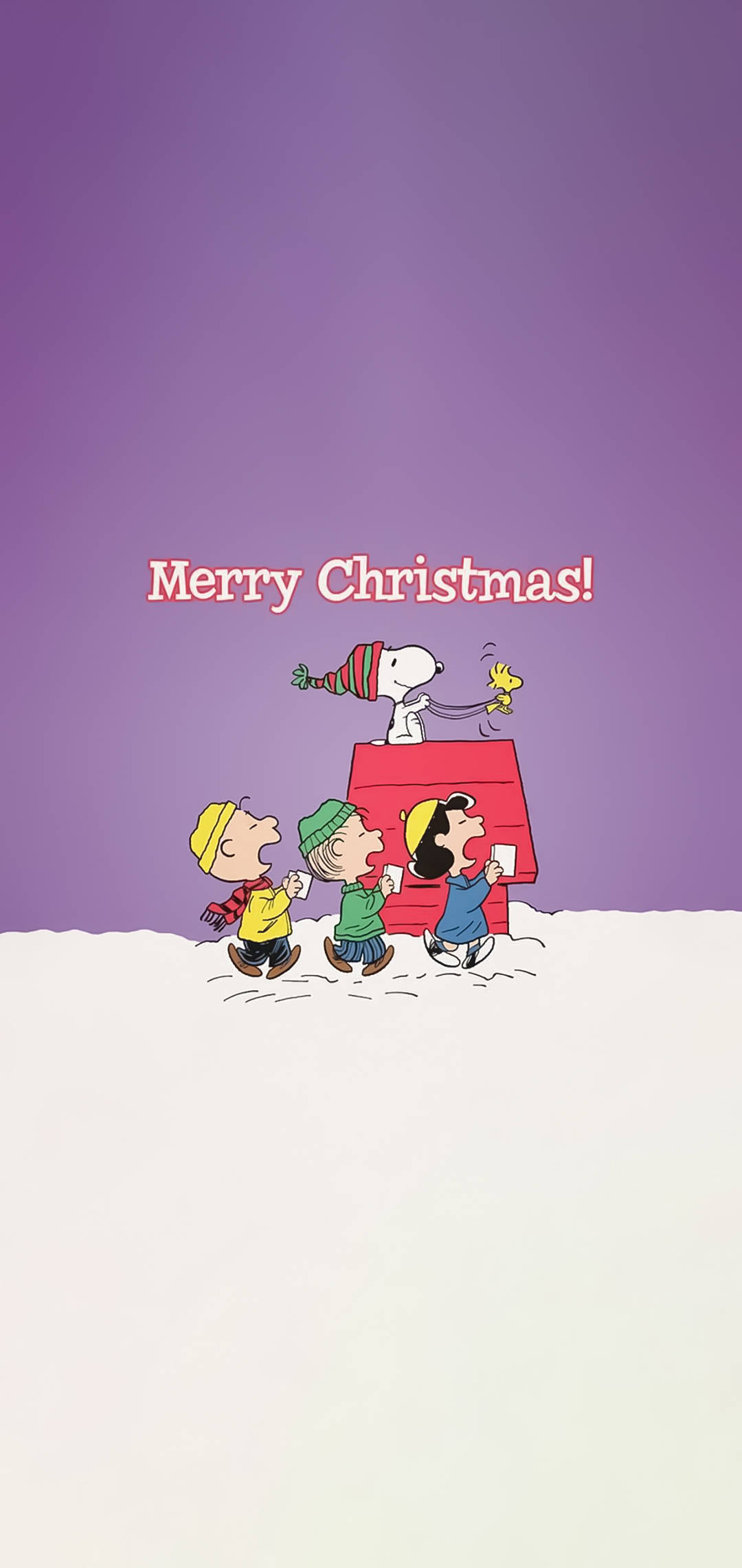 老友記 桌布 壁紙 — Peanuts 角色在雪中慶祝聖誕節，Snoopy 在屋頂上，上方有文字。