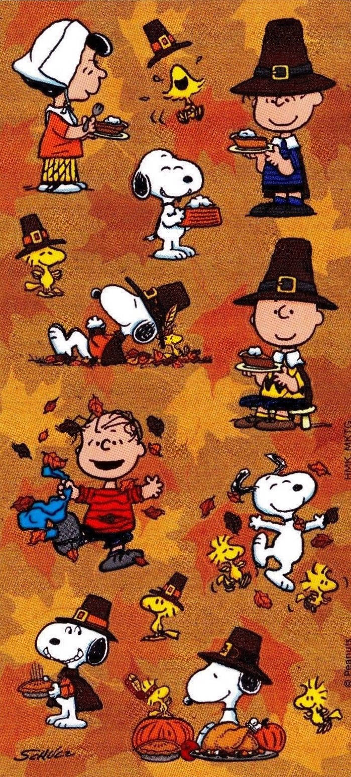 Peanuts 角色打扮成朝聖者，享受南瓜和派慶祝感恩節。