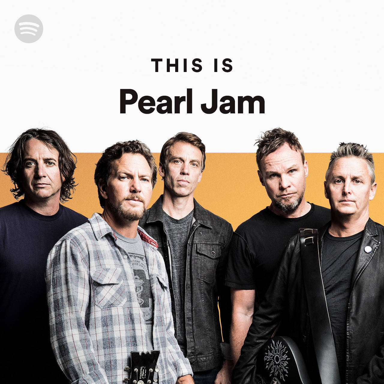 pearl jam 桌布 壁紙 — Pearl Jam 的五位男士站在白色和橙色背景前，上方有文字 'THIS IS Pearl Jam'。
