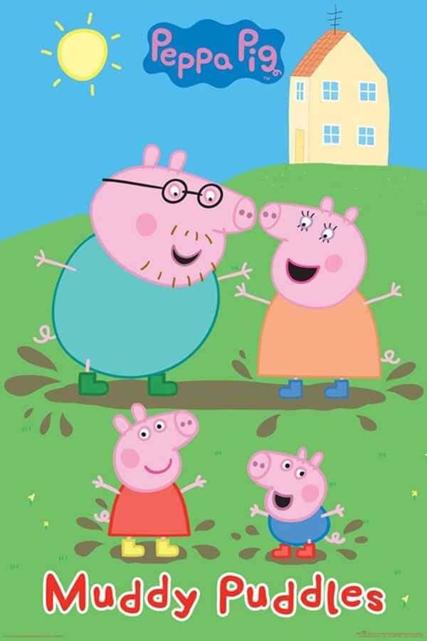 Granny Pig 桌布 壁紙 — 佩佩豬和家人在明亮的陽光下，在綠色山丘上的房子旁，快樂地在泥坑裡嬉戲。