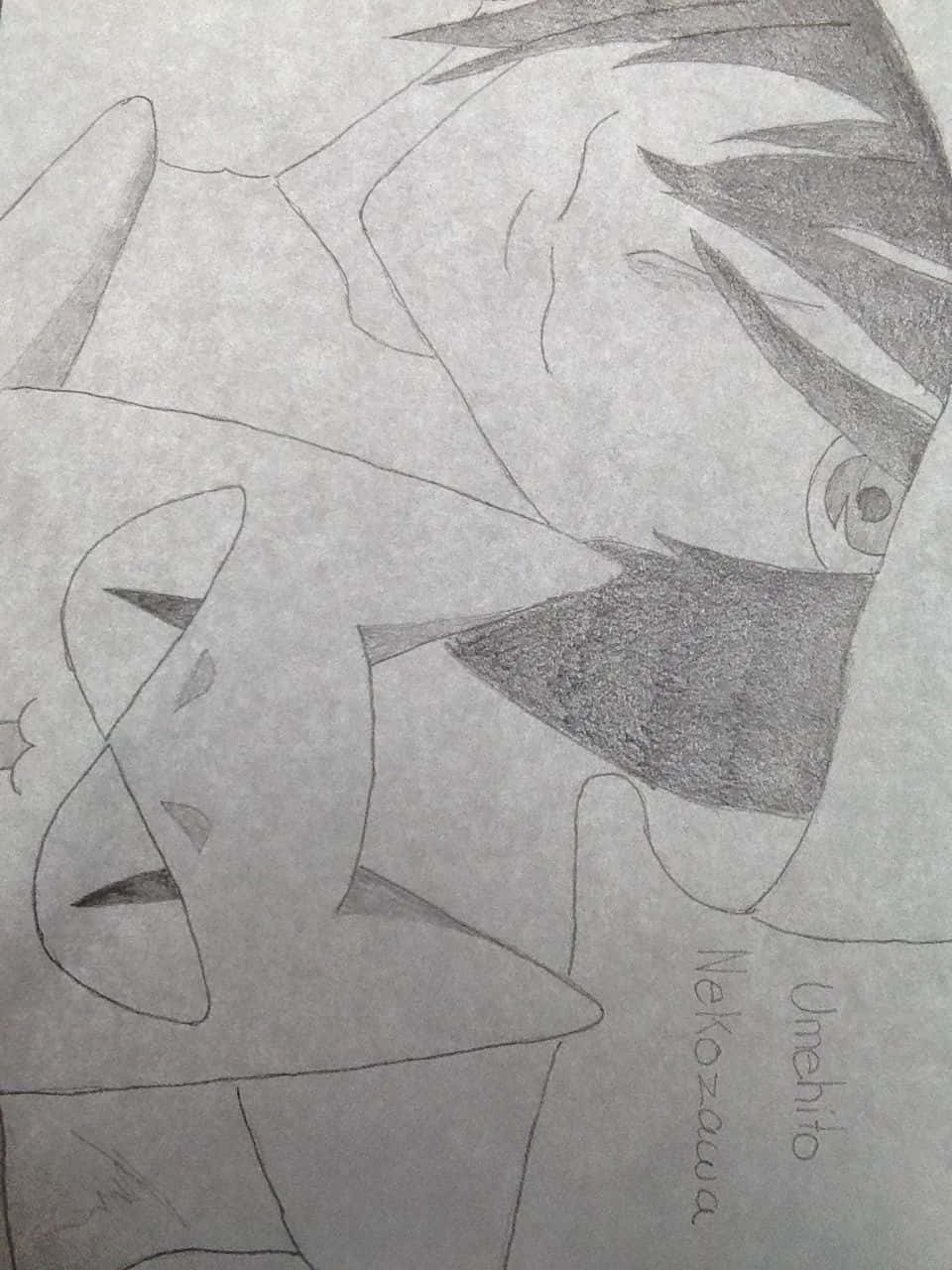 Umehito Nekozawa 桌布 壁紙 — 一幅鉛筆素描，描繪一個擁有尖刺頭髮、戴著貓面具的動漫角色擁抱著另一個角色。