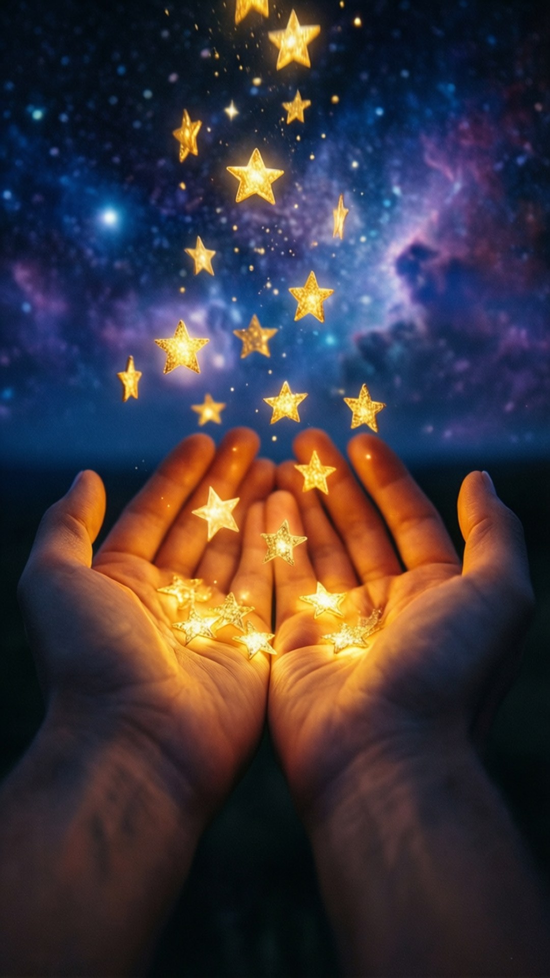 Deserve 桌布 壁紙 — 捧起的雙手在充滿活力的宇宙星雲背景下閃耀著金色的星星。