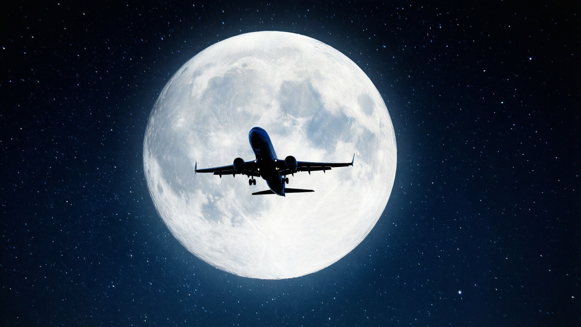 飛機在夜間飛行，背景有月亮