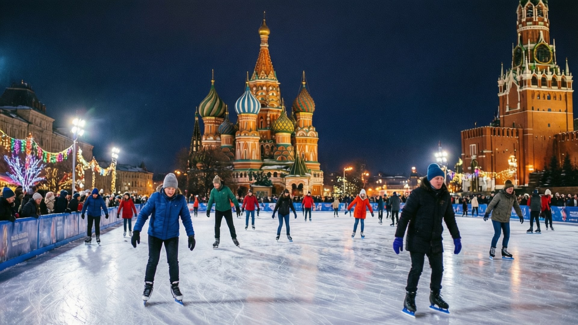 Red Square Ice Rink 壁紙 — 人們在閃爍的夜燈下在溜冰場上滑行，背景是聖巴西爾大教堂和克里姆林宮塔樓。