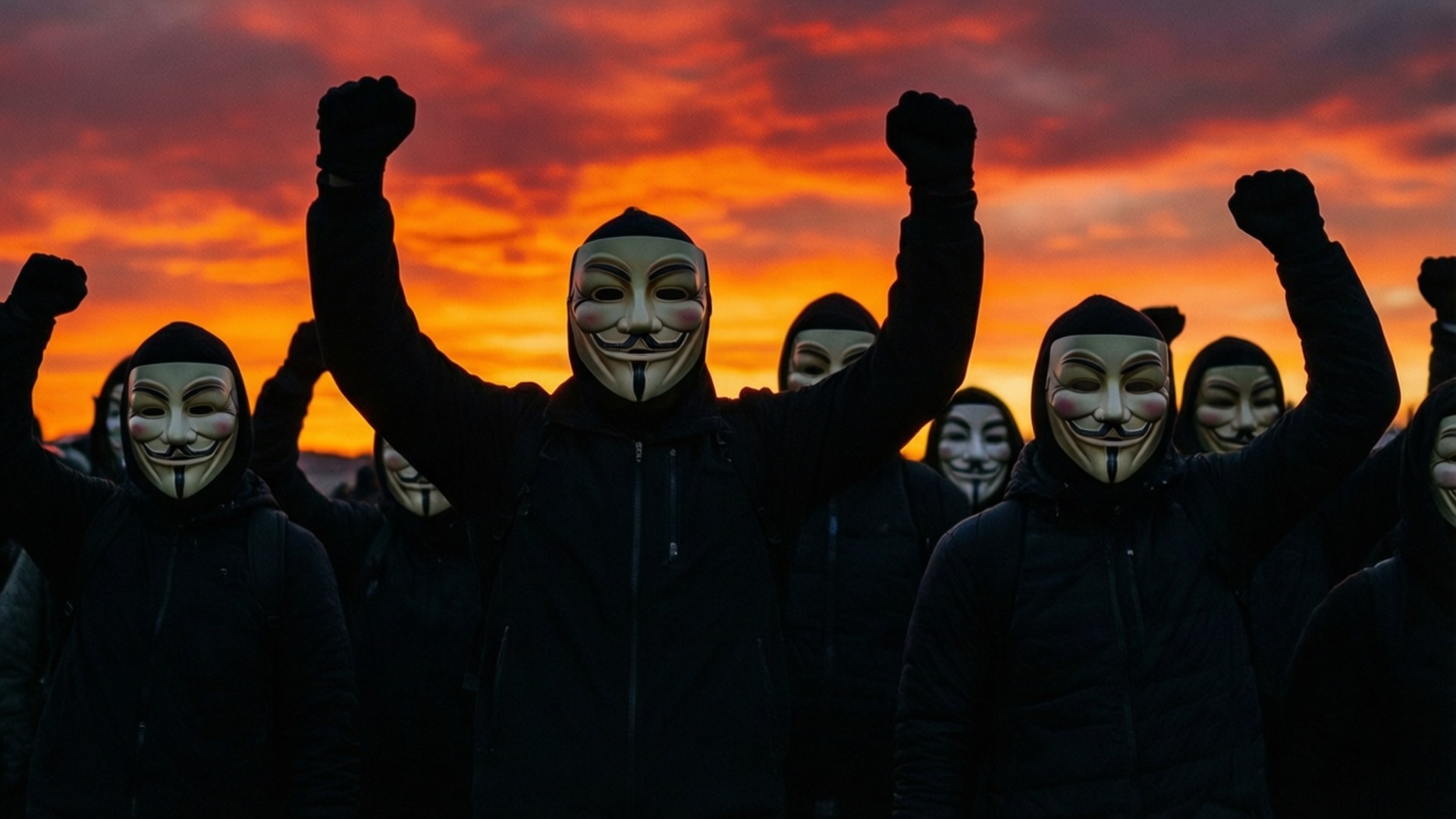 Silhouette of Protest 壁紙 — 一群戴著蓋伊·福克斯面具的人，在火紅的橙紅色日落天空下舉起緊握的拳頭。
