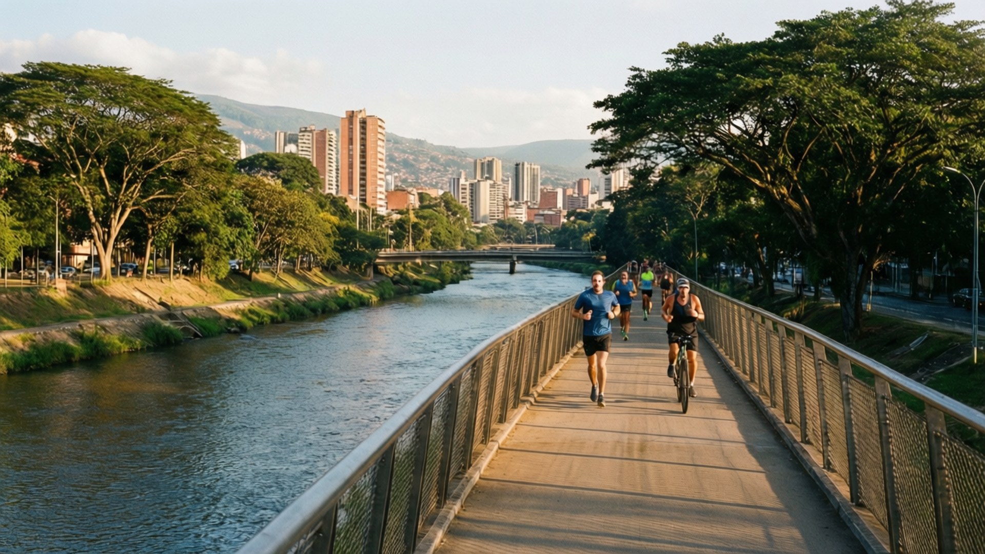 River Walk Evening 壁紙 — 人們沿著陽光明媚的現代橋樑慢跑和騎自行車，橋樑橫跨平靜的河流，背景有茂密的樹木和城市天際線。