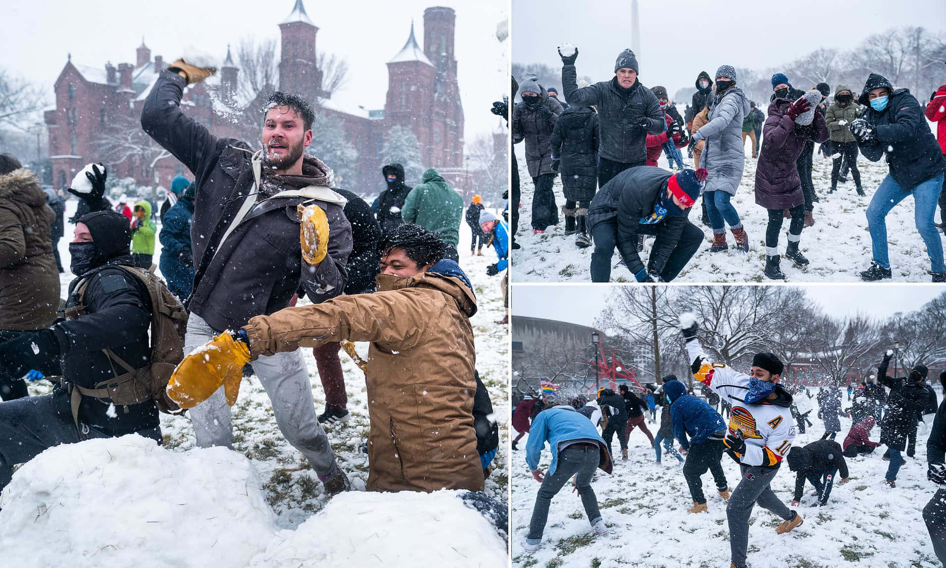  壁紙 — 人們在白雪覆蓋的校園庭院中歡樂地丟雪球，背景是歷史悠久的磚造建築。