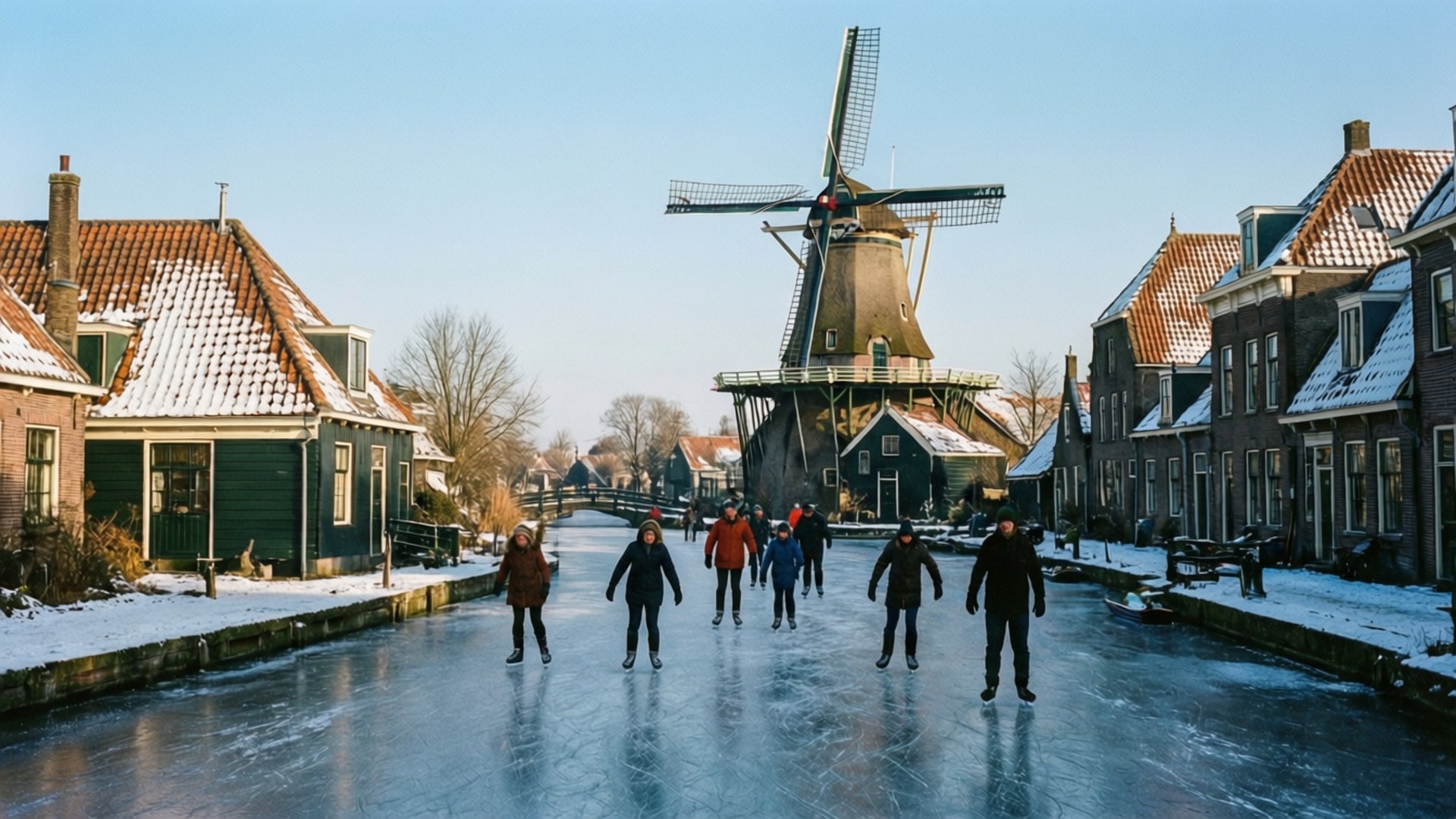 Dutch Winter Ice Skating 壁紙 — 人們在冰封的運河上溜冰，兩旁是灑滿白雪的荷蘭房屋和一座高聳的風車，天空清澈湛藍。