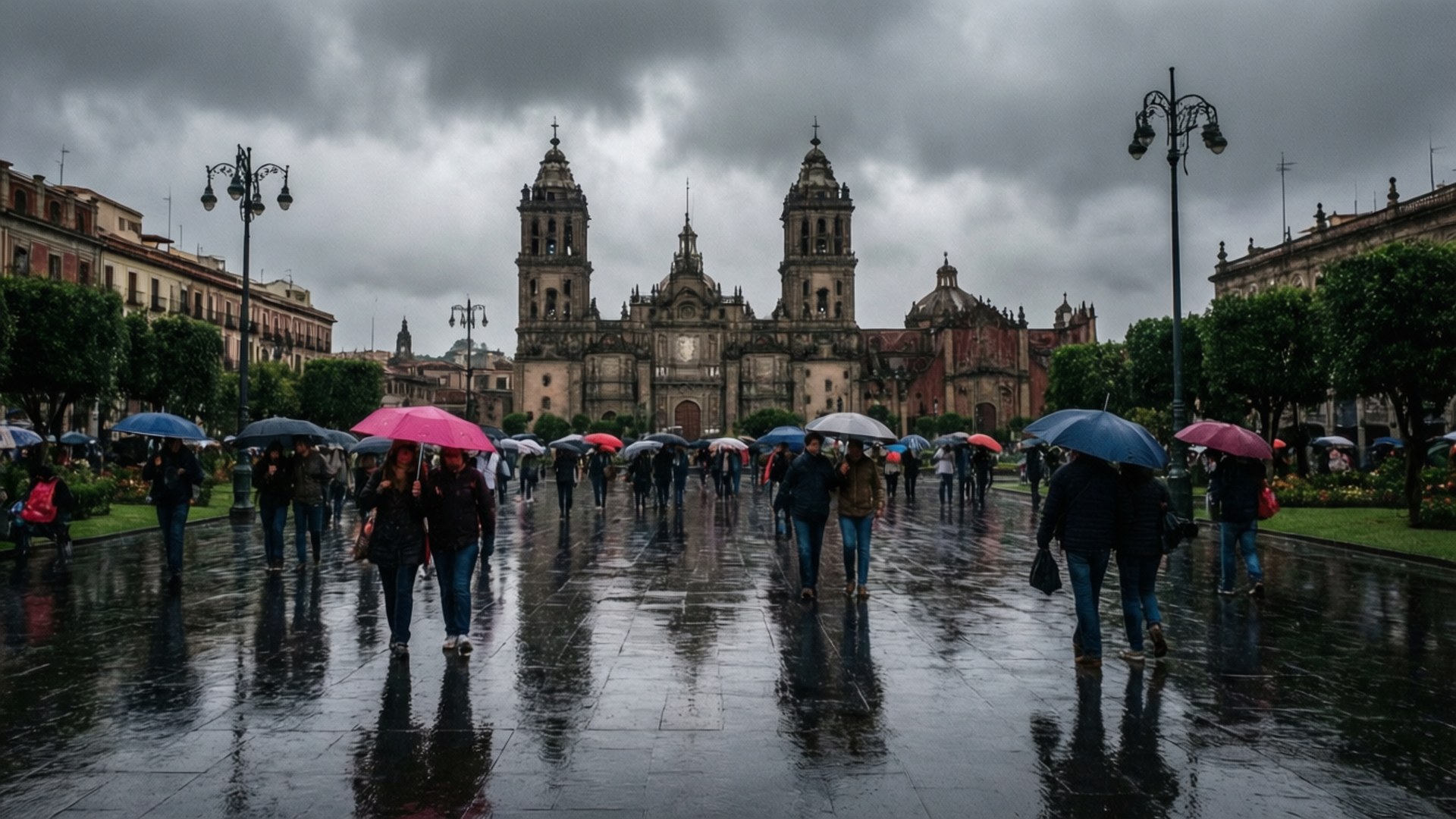 Rainy Plaza Reflections 壁紙 — 人們拿著色彩繽紛的雨傘走過一個被雨水浸濕的廣場，廣場倒映著一座宏偉的歷史大教堂，上方是黑暗的暴風雲。