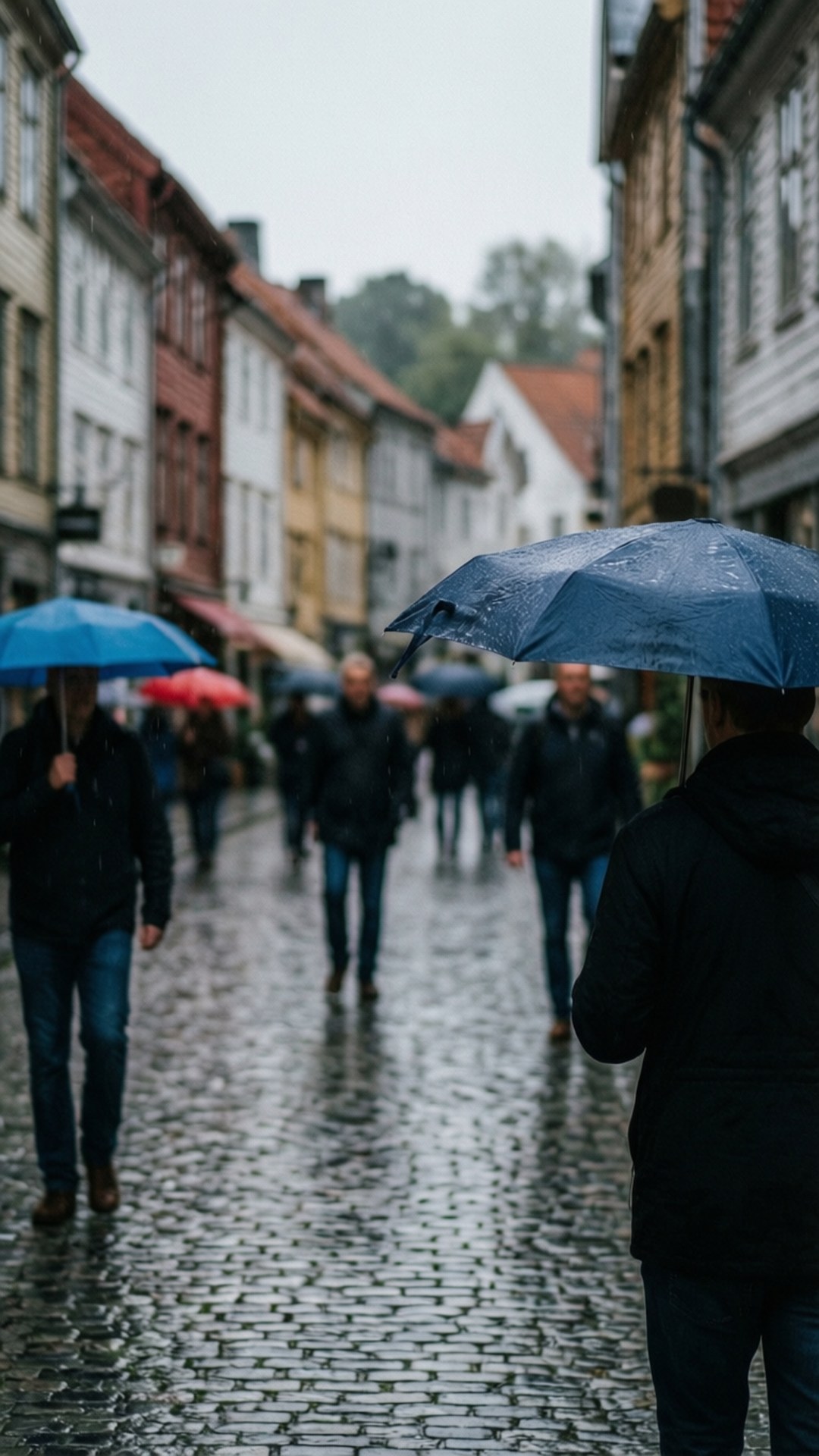 Stavanger 桌布 壁紙 — 人們撐著傘在灰色雨中沿著一條濕漉漉的鵝卵石街道行走，兩旁是色彩繽紛的歷史建築。