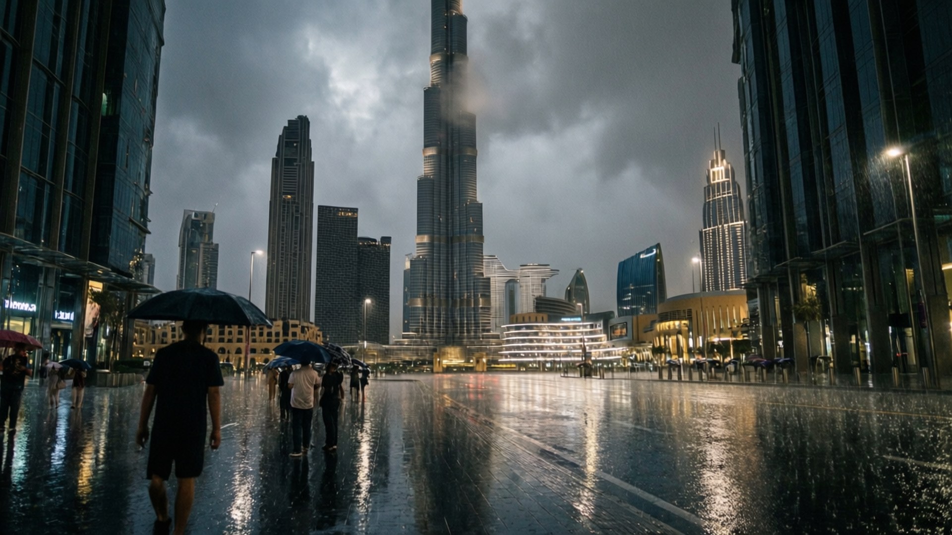 Rainy Dubai Moody Cityscape 壁紙 — 人們撐著雨傘走過一個被雨水浸透的廣場，廣場反射出高聳的摩天大樓，天空陰暗風暴。