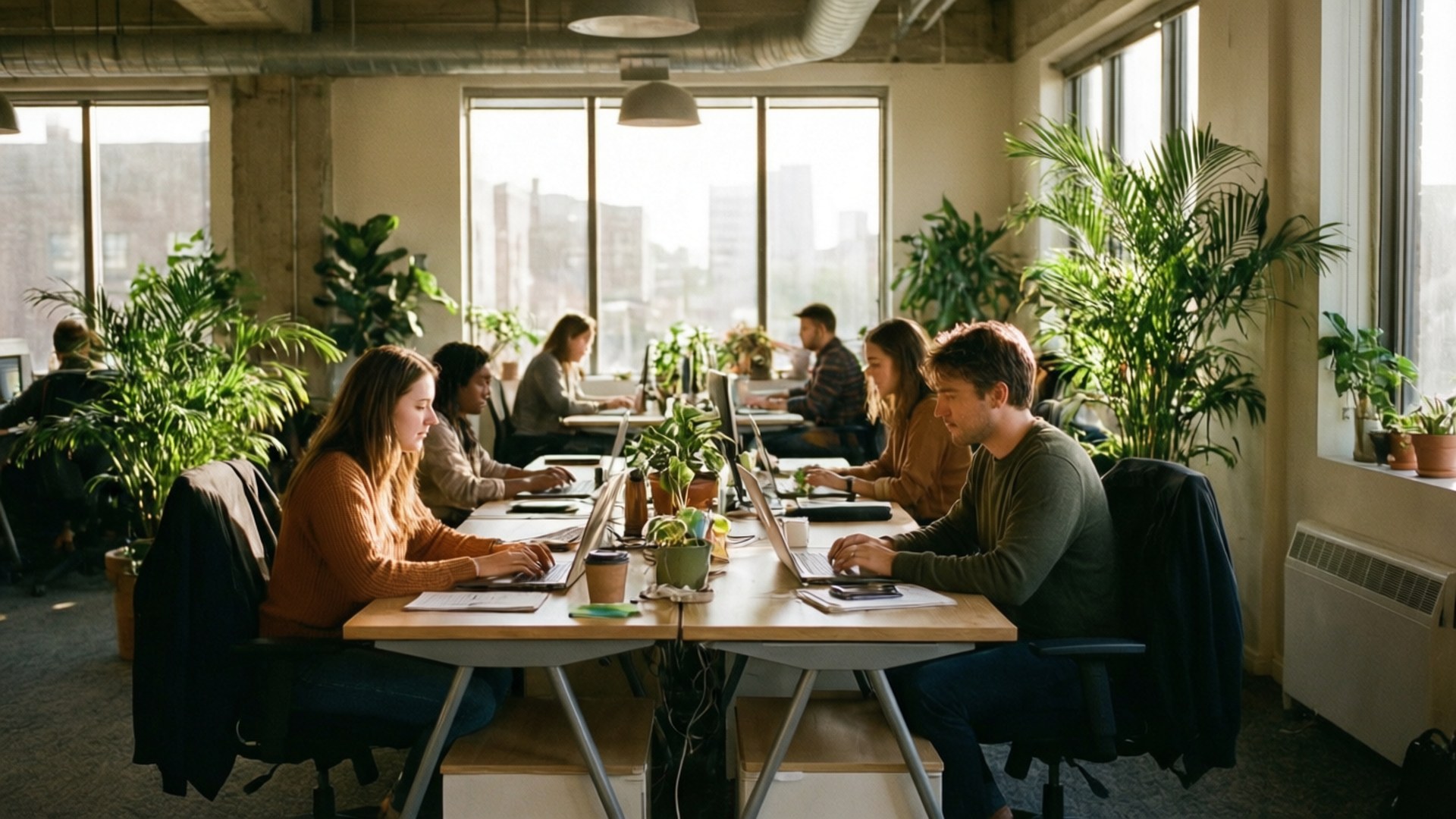 Coworking Startup Vibe 壁紙 — 人們在充滿綠色植物和大窗戶的明亮現代辦公室中使用筆記型電腦工作。