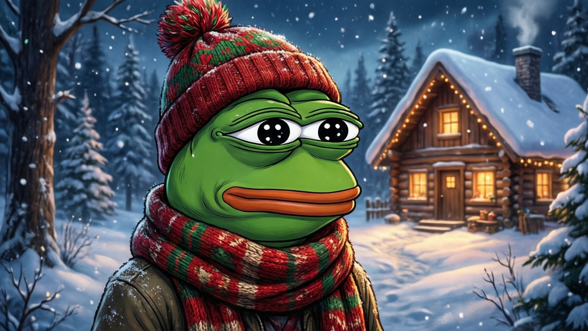 Winter Cozy Pepe 壁紙 — Pepe the Frog 包裹在紅綠色針織帽和圍巾中，站在雪地森林裡，旁邊是一座溫暖明亮的木屋。