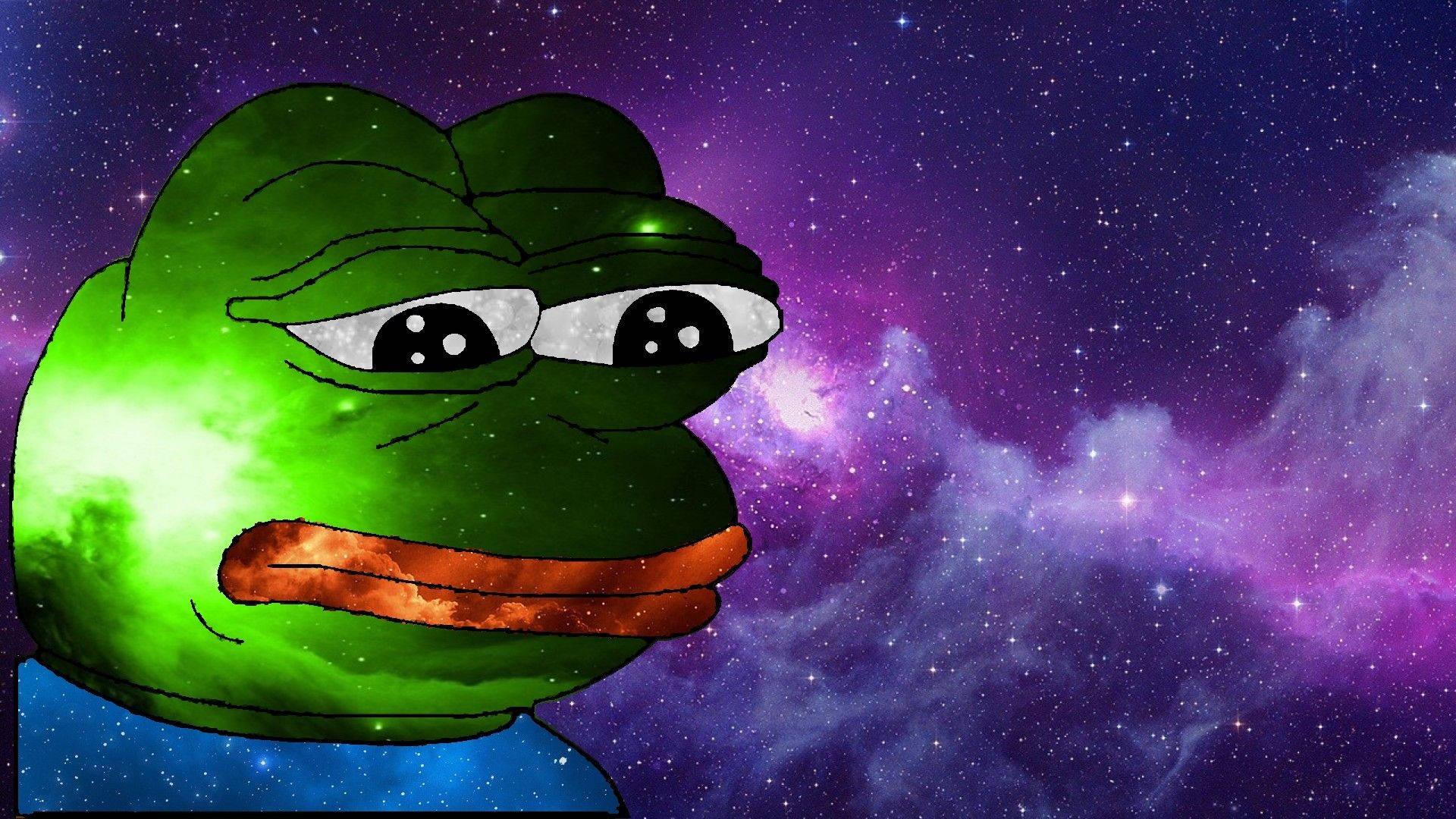 Pepe 桌布 壁紙 — Pepe the Frog 帶著疲憊的表情漂浮在充滿星星的鮮豔紫色和藍色宇宙星雲中。