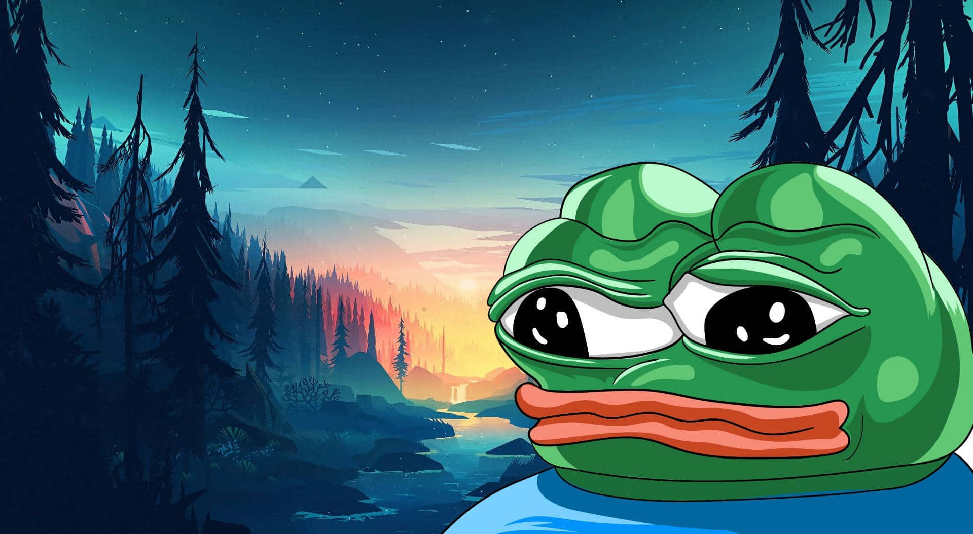 meme 桌布 壁紙 — Pepe the Frog 眼睛下垂，從樹林覆蓋的山丘凝視著遠山上的燦爛日落。