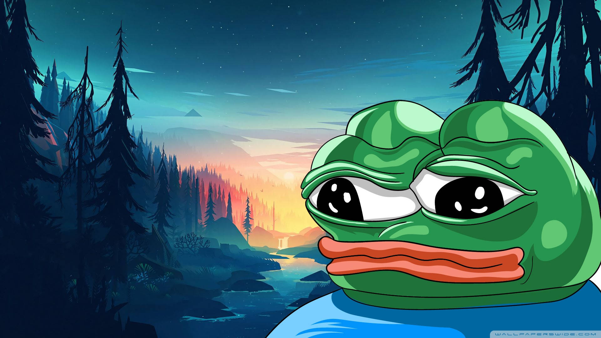 Pepe 桌布 壁紙 — Pepe the Frog 眼神下垂，從樹林覆蓋的山丘凝視著遠山上的燦爛日落。