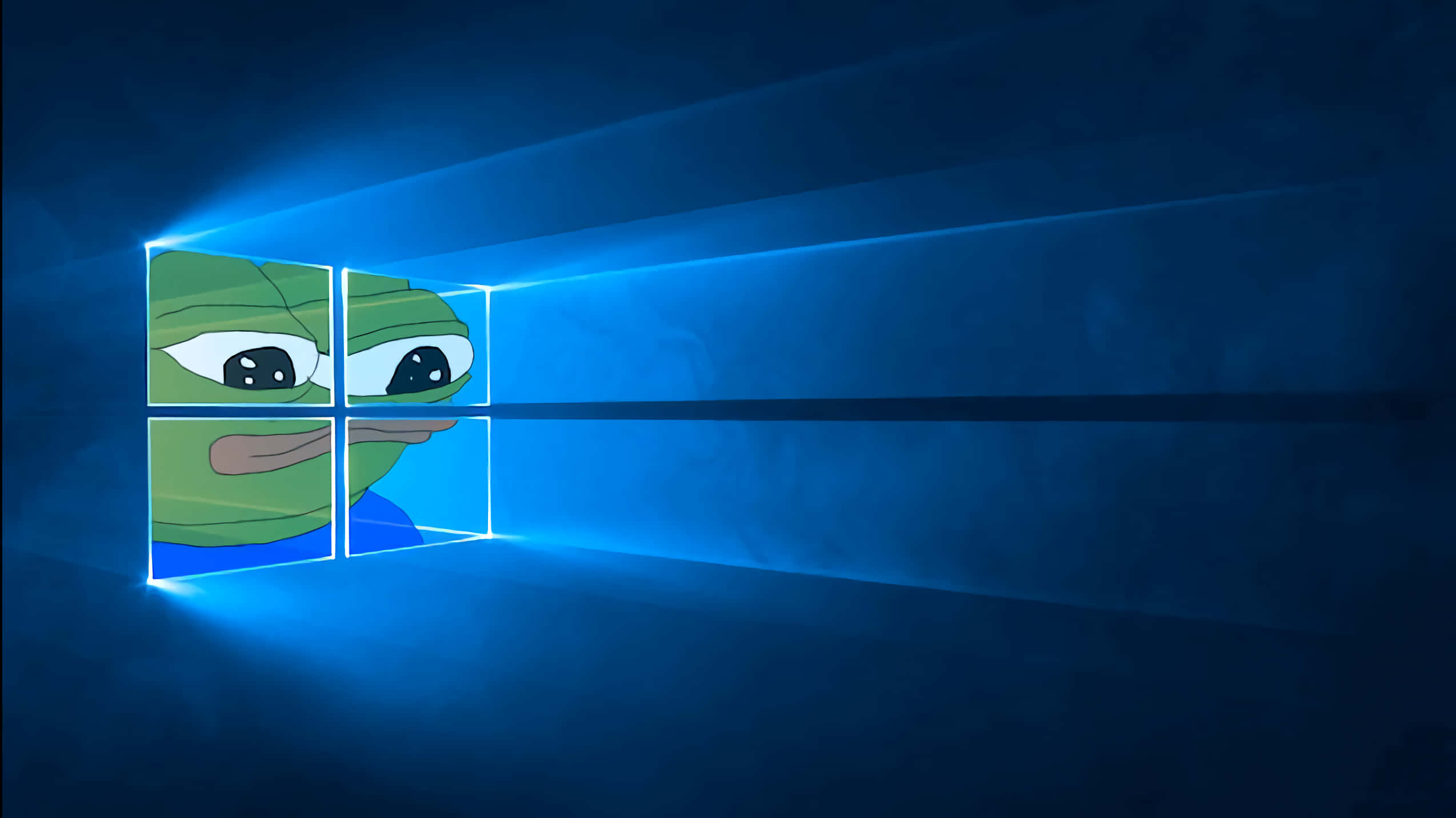 meme 桌布 壁紙 — Pepe the Frog 睜大眼睛，在黑暗的數位空間中透過發光的藍色Windows標誌窗口窺視。
