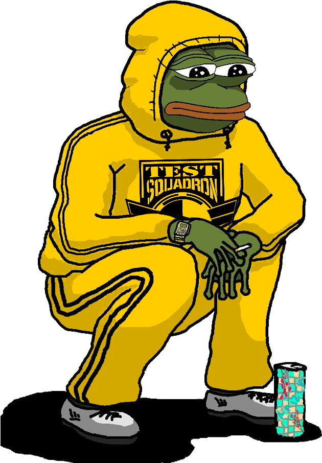 pepe frog 桌布 壁紙 — Pepe 青蛙穿著黃色連帽衫，上面有 'Test Squadron' 標誌，隨意地坐在一個彩色罐子旁邊，手裡拿著一根煙。