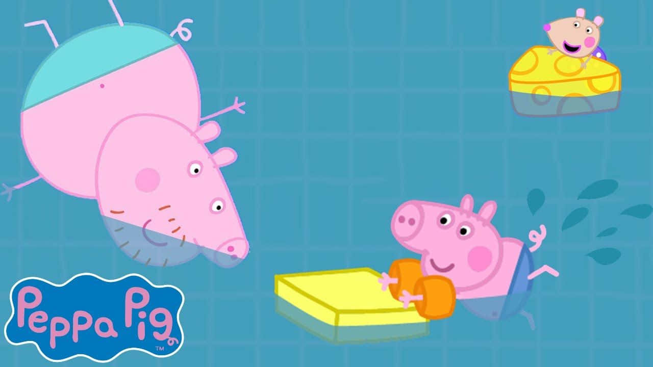 Grandpa Pig 桌布 壁紙 — Peppa Pig 和朋友們在瓷磚泳池中快樂地游泳，有漂浮的黃色積木和嬉戲的水花。