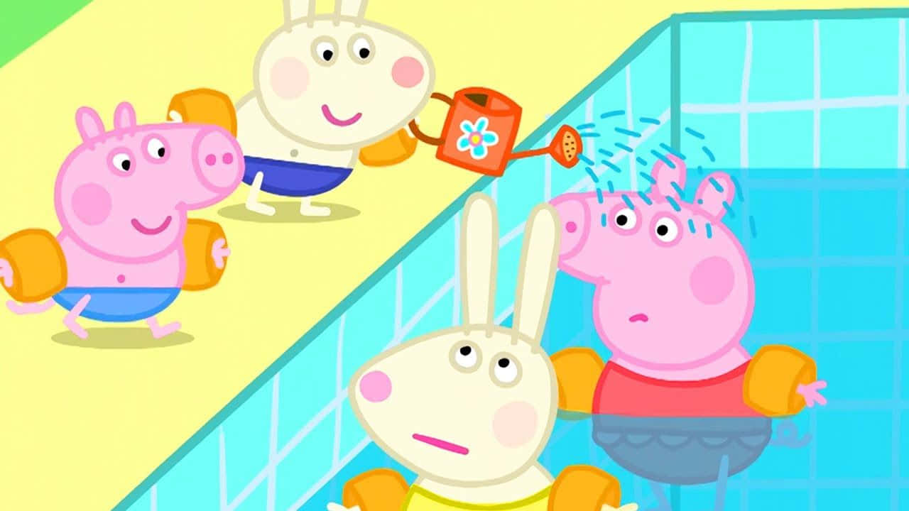 Baby Alexander 桌布 壁紙 — Peppa Pig 和朋友們在明亮的藍色泳池中玩耍，兔子從花桶中倒水，水花四濺。