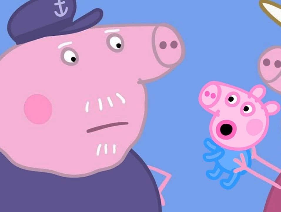 Grandpa Pig 桌布 壁紙 — Peppa Pig 和她的家人在卡通場景中，Daddy Pig 戴著海軍藍帽子，背景是明亮的藍色。