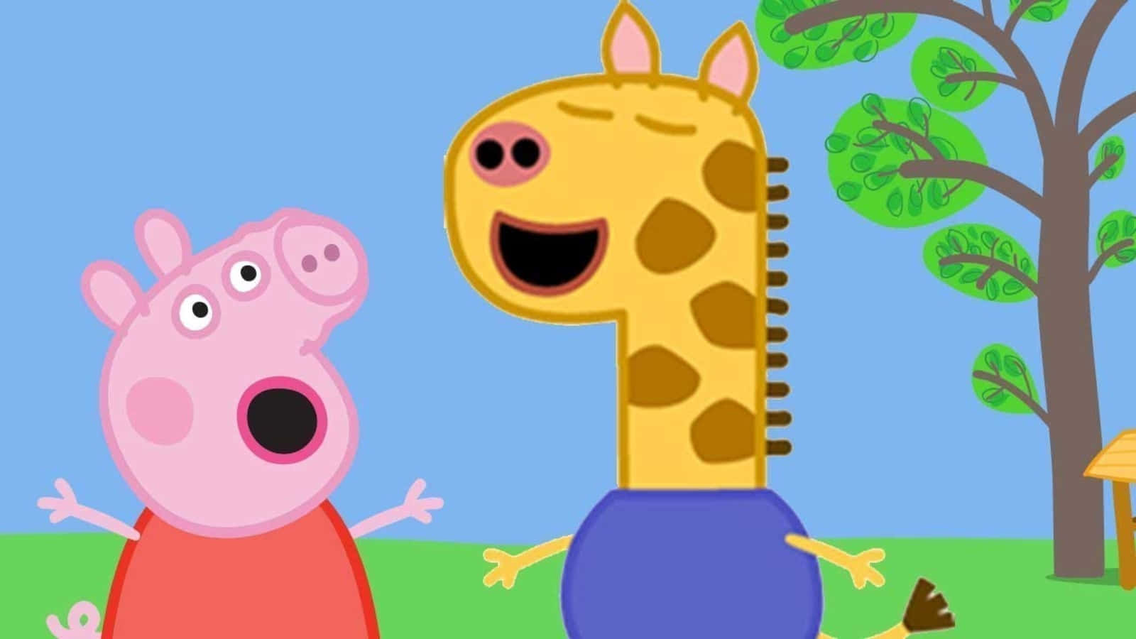 Freddy Fox 桌布 壁紙 — Peppa Pig 和一隻微笑的長頸鹿站在一個明亮的綠色田野中，在晴朗的藍天下，附近有一棵樹。