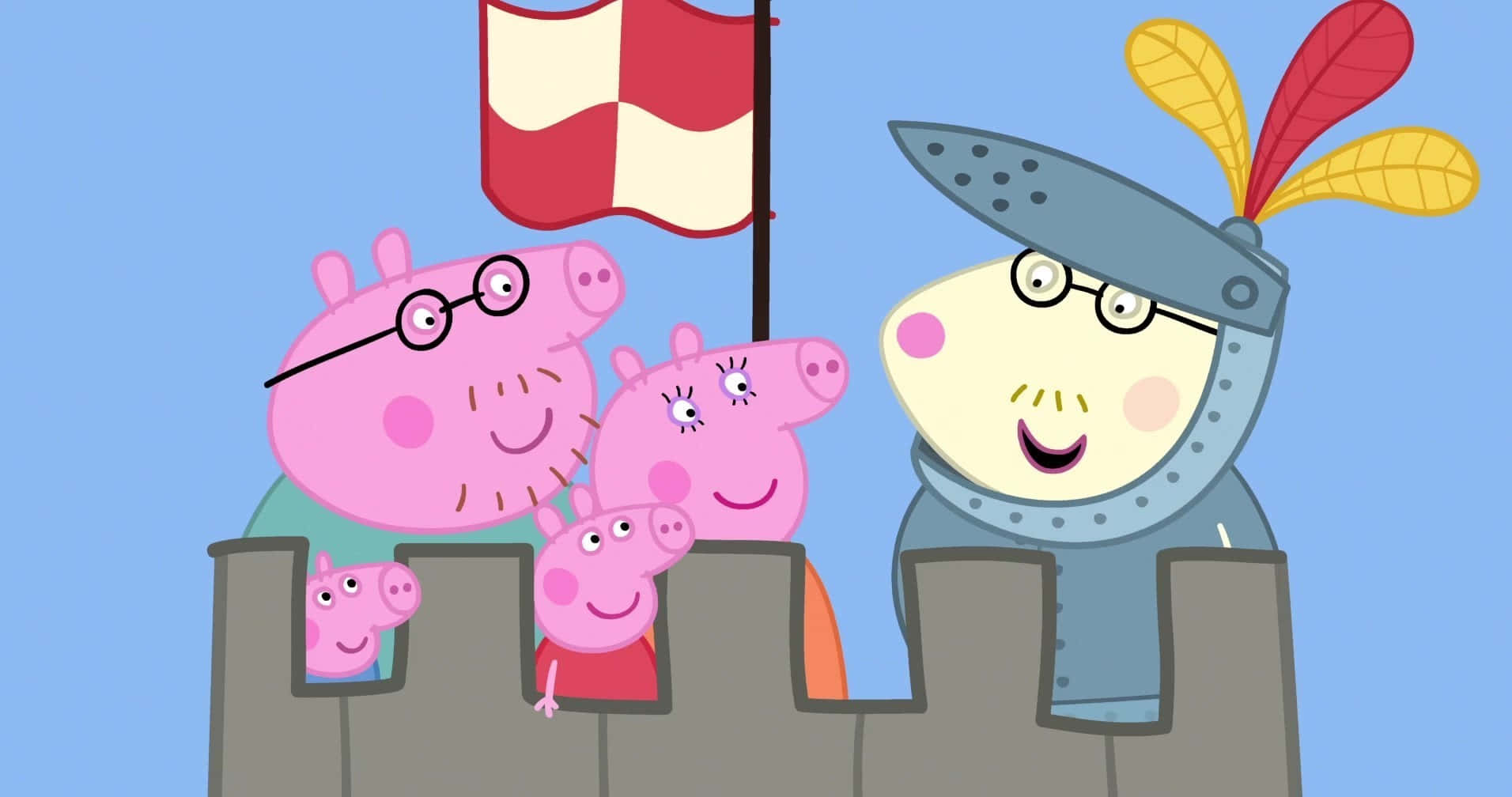 Auntie Dottie 桌布 壁紙 — Peppa Pig 一家和一位騎士在紅白旗幟下，越過城堡圍牆，望著晴朗的藍天。