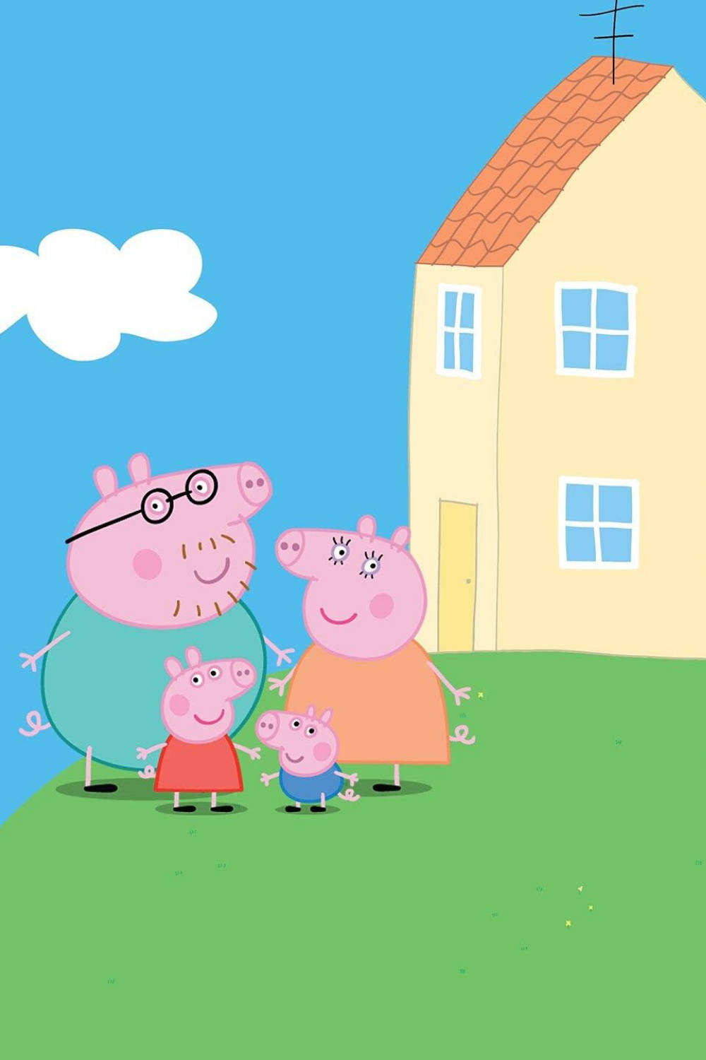 Peppa Pig 一家在陽光明媚的日子裡在房子前微笑。 — 小豬佩奇的家 壁紙