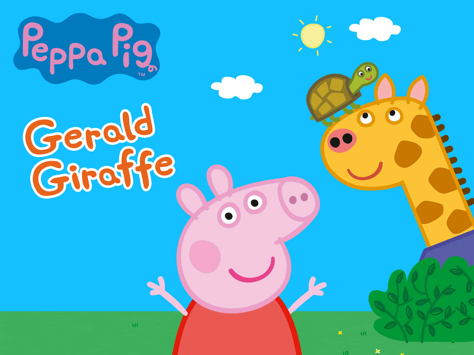  壁紙 — Peppa Pig 在晴朗的藍天下，與太陽和雲朵一起，在 Gerald Giraffe 旁邊開心地微笑。