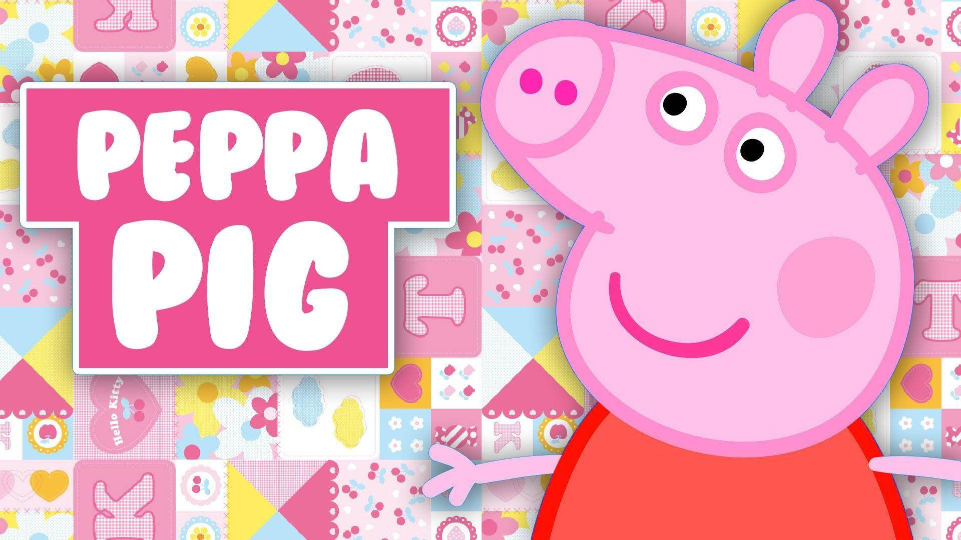 Peppa Pig 卡通角色在色彩繽紛的拼布背景上微笑，並帶有節目標題。 — Hello Kitty 壁紙