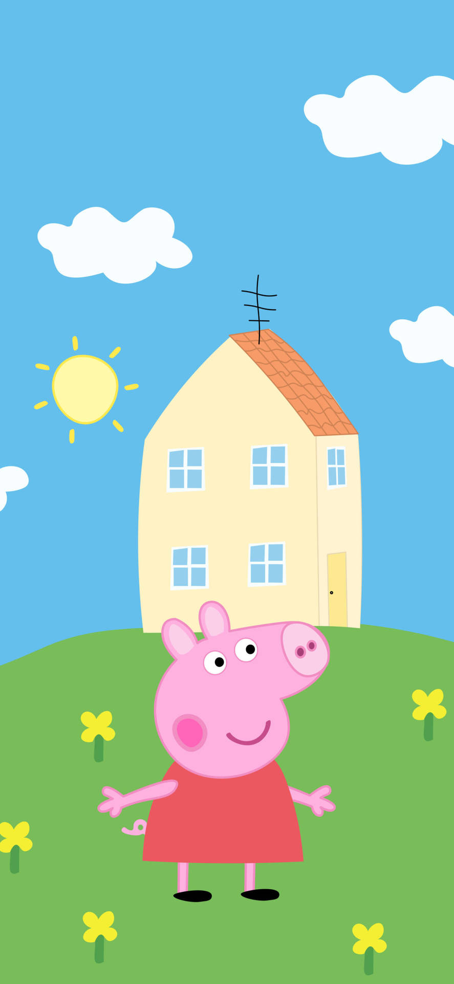 Peppa Pig 在山丘上微笑，背景有房子和太陽。