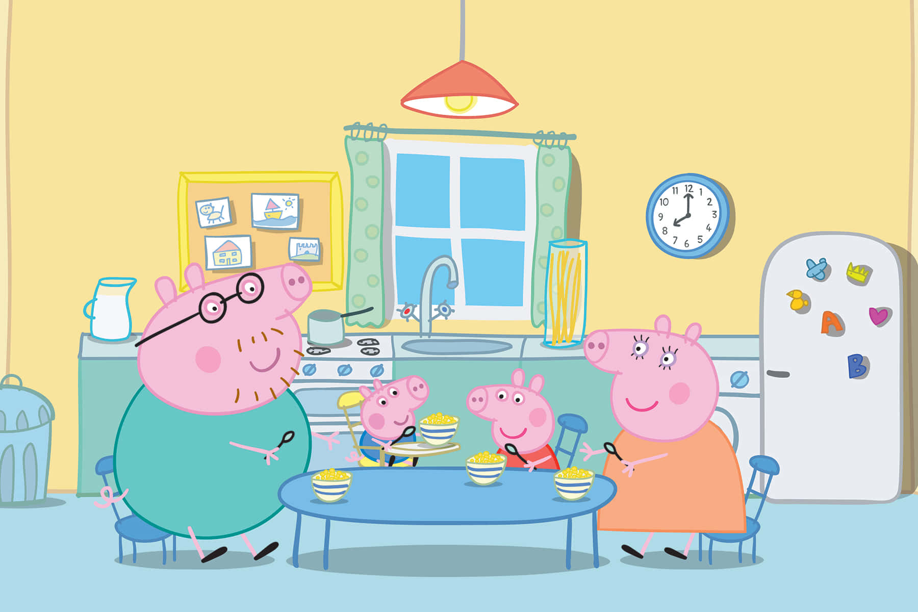 Peppa Pig Family 桌布 壁紙 — Peppa Pig 一家在充滿柔和色彩和卡通家具的愉快廚房中共進早餐。