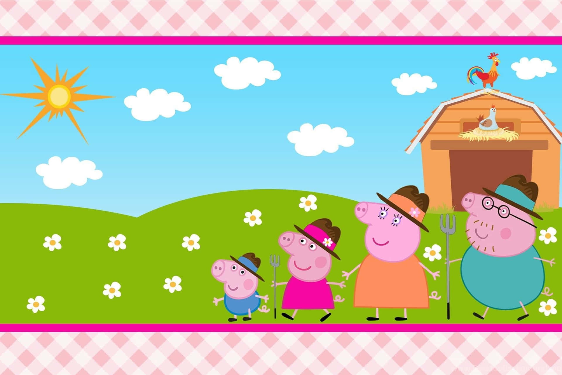 Peppa Pig 一家在陽光明媚的農場，有穀倉和花朵。 — 佩佩豬 GIF 壁紙