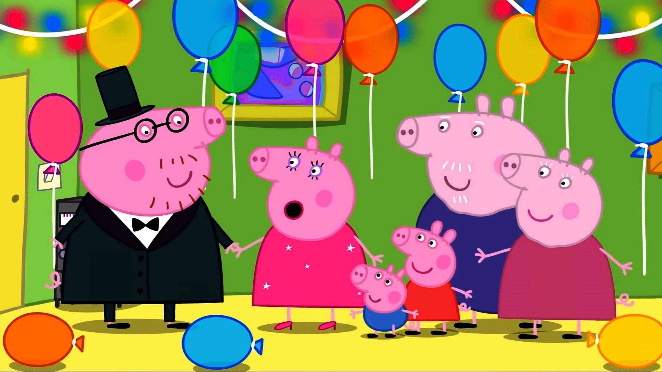 Peppa 桌布 壁紙 — Peppa Pig 一家在明亮的卡通房間裡用氣球和歡樂的表情慶祝色彩繽紛的派對。