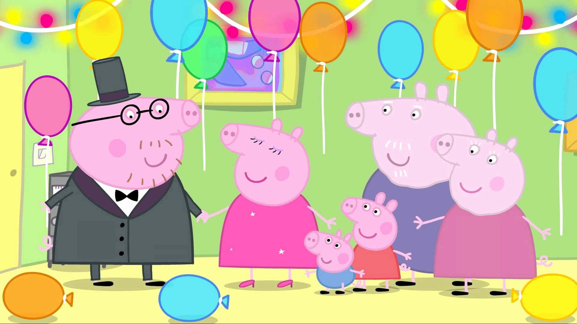 佩佩豬 桌布 壁紙 — Peppa Pig 一家在明亮的卡通房間裡用氣球和歡樂的表情慶祝色彩繽紛的派對。