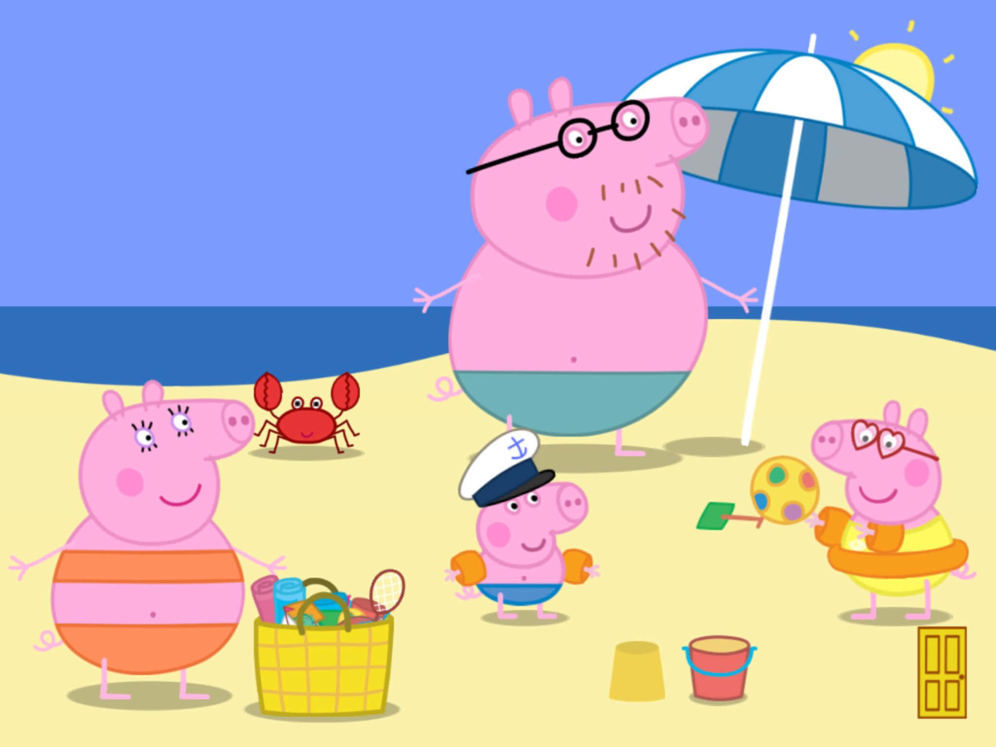 佩佩豬 桌布 壁紙 — Peppa Pig 一家在晴朗的藍天下享受沙灘日，玩螃蟹玩具和條紋遮陽傘。