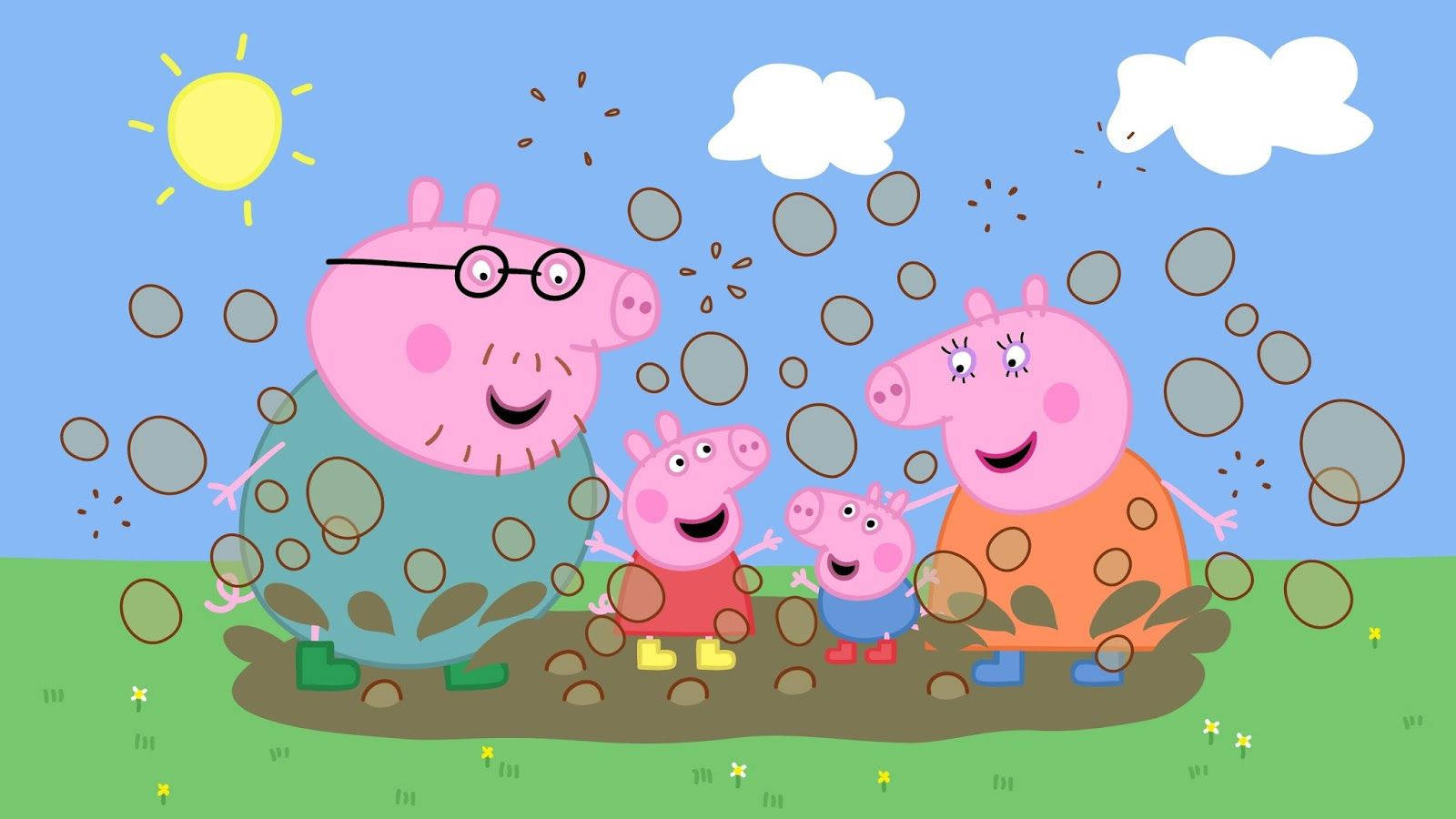 佩佩豬 桌布 壁紙 — Peppa Pig 一家在晴朗的天空下，在泥濘的水坑中快樂地嬉戲，天空中有蓬鬆的雲朵。