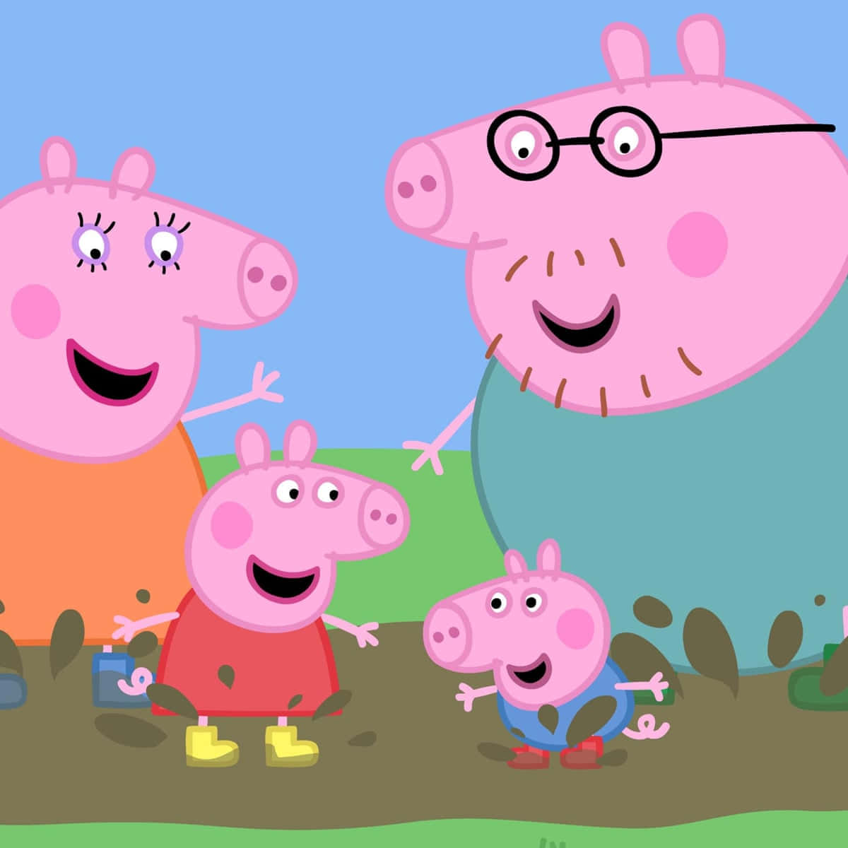Peppa Pig Funny 桌布 壁紙 — Peppa Pig 一家在晴朗藍天下開心地玩泥巴水坑。