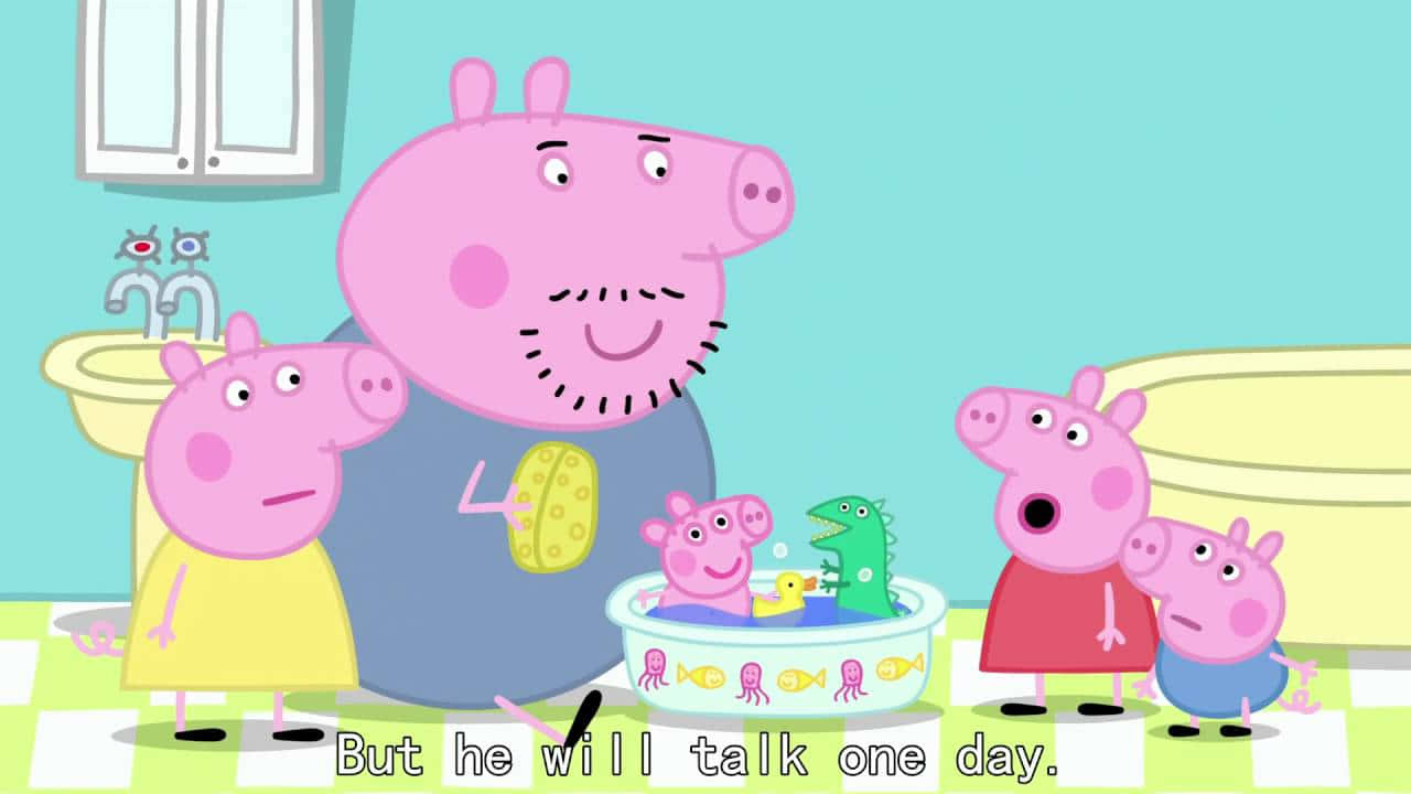 Baby Alexander 桌布 壁紙 — Peppa Pig 一家在浴室聚集，爸爸豬拿著海綿，Peppa 和 George 看著他們的嬰兒弟妹在玩具中洗澡。